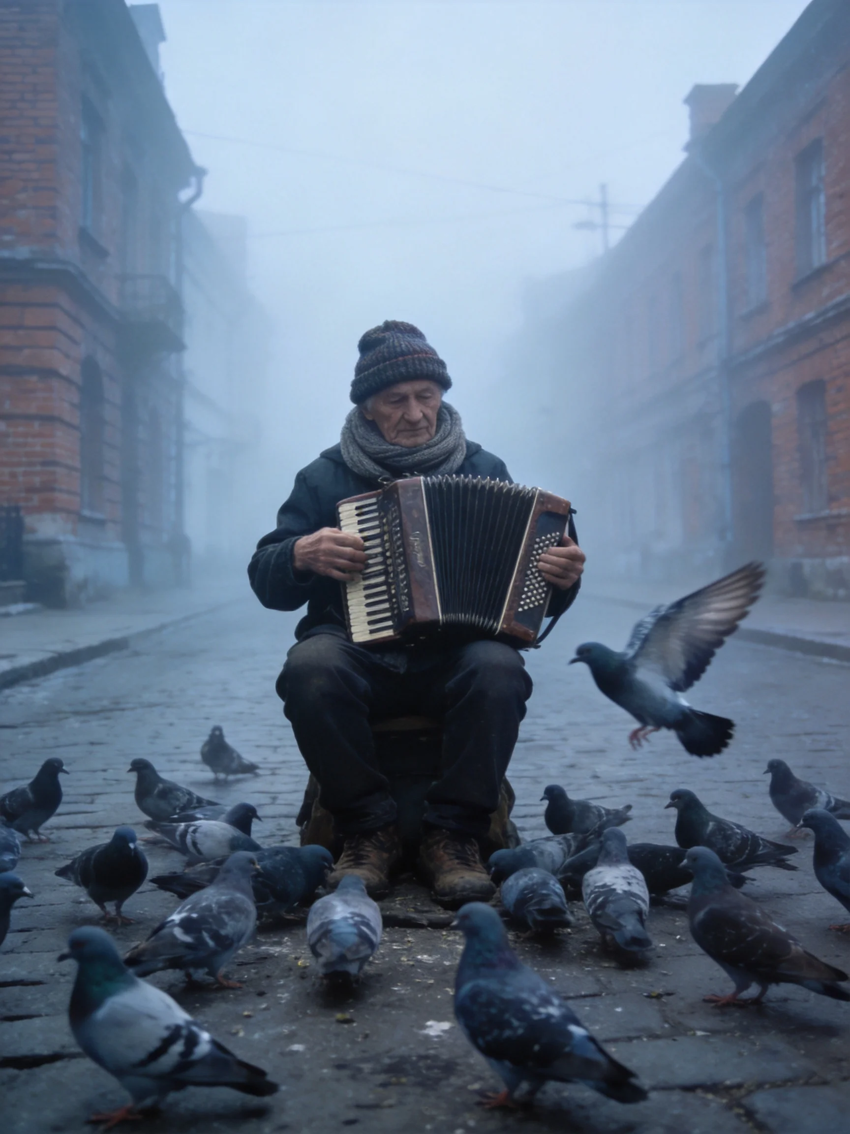 An elderly man plays accordion among pigeons on a misty cobblestone street.