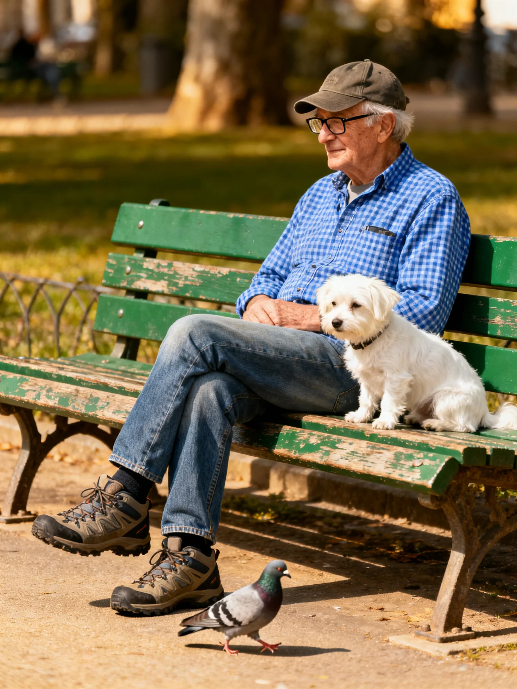 An elderly man sits on a green park bench with a small white dog, near a gray pigeon.