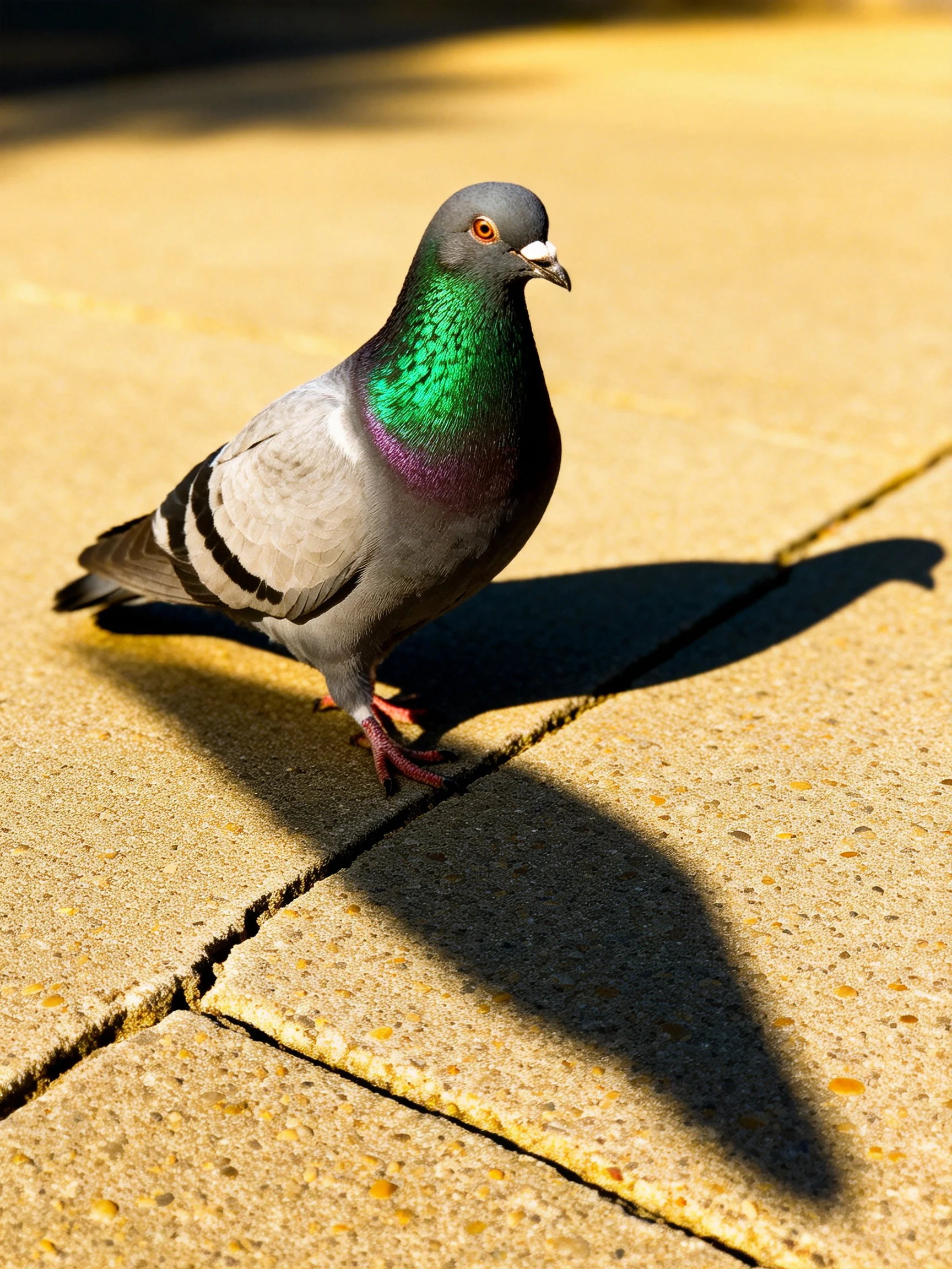 An iridescent green-necked pigeon on sunlit pavement