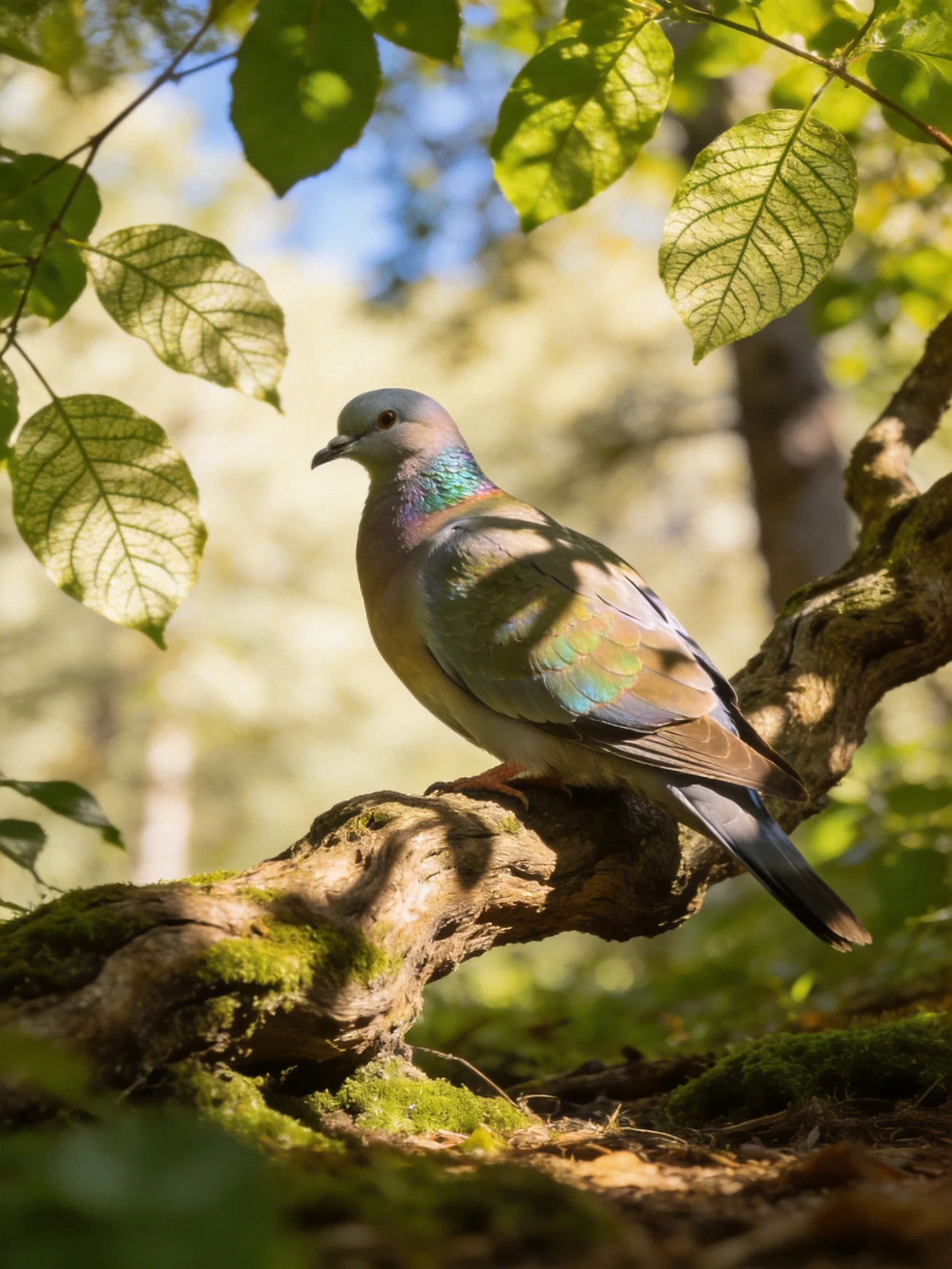 An iridescent pigeon perches on a mossy gnarled branch