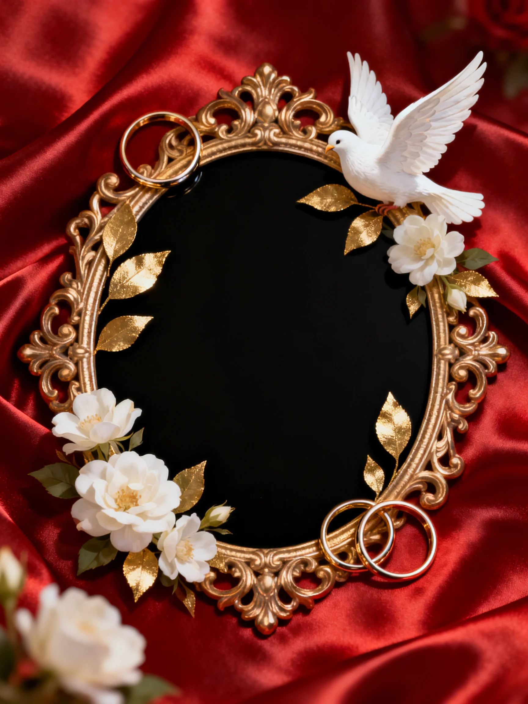 An ornate golden frame with white flowers, a dove, and wedding rings on red silk
