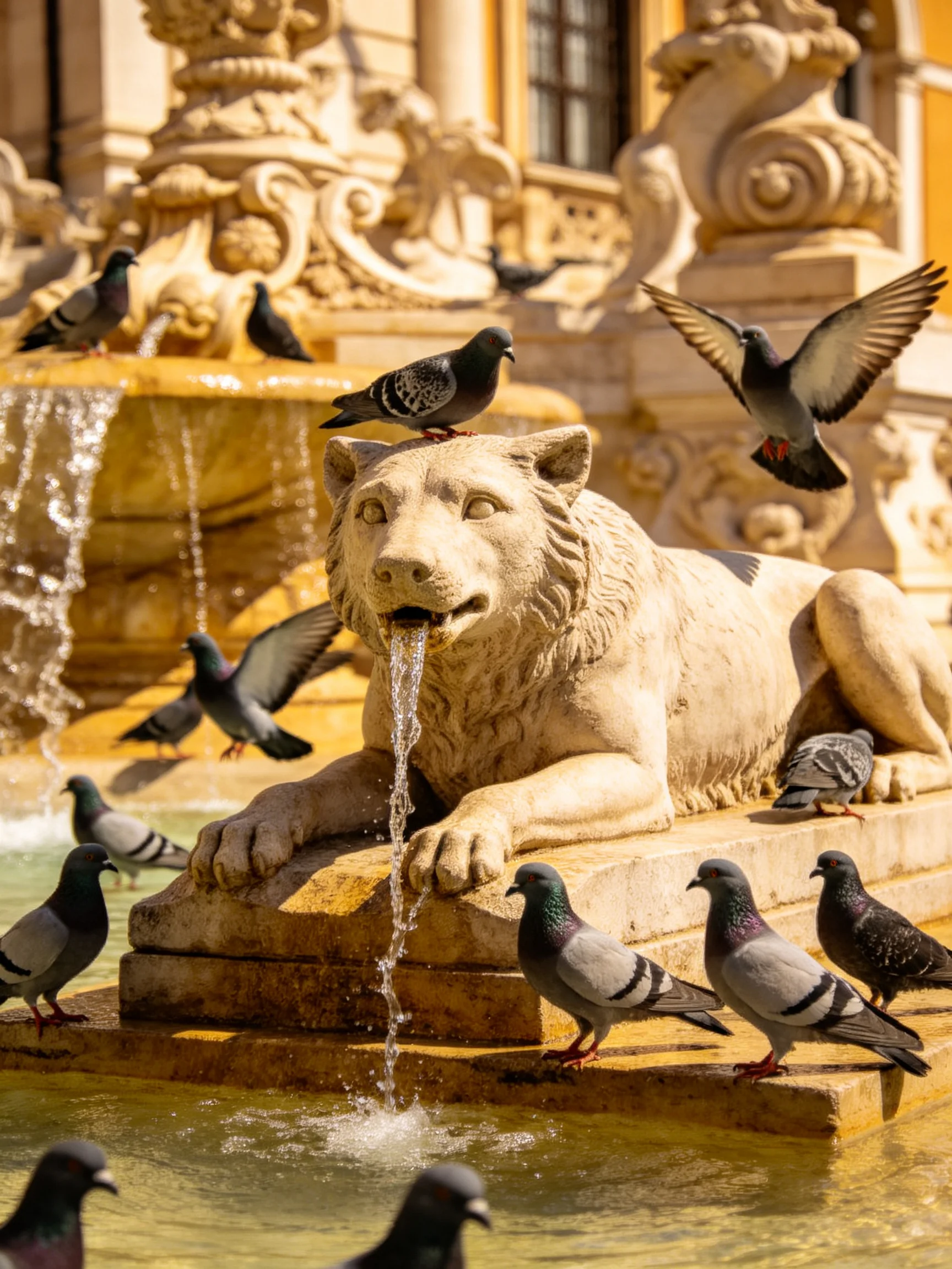 An ornate stone lion fountain with many pigeons