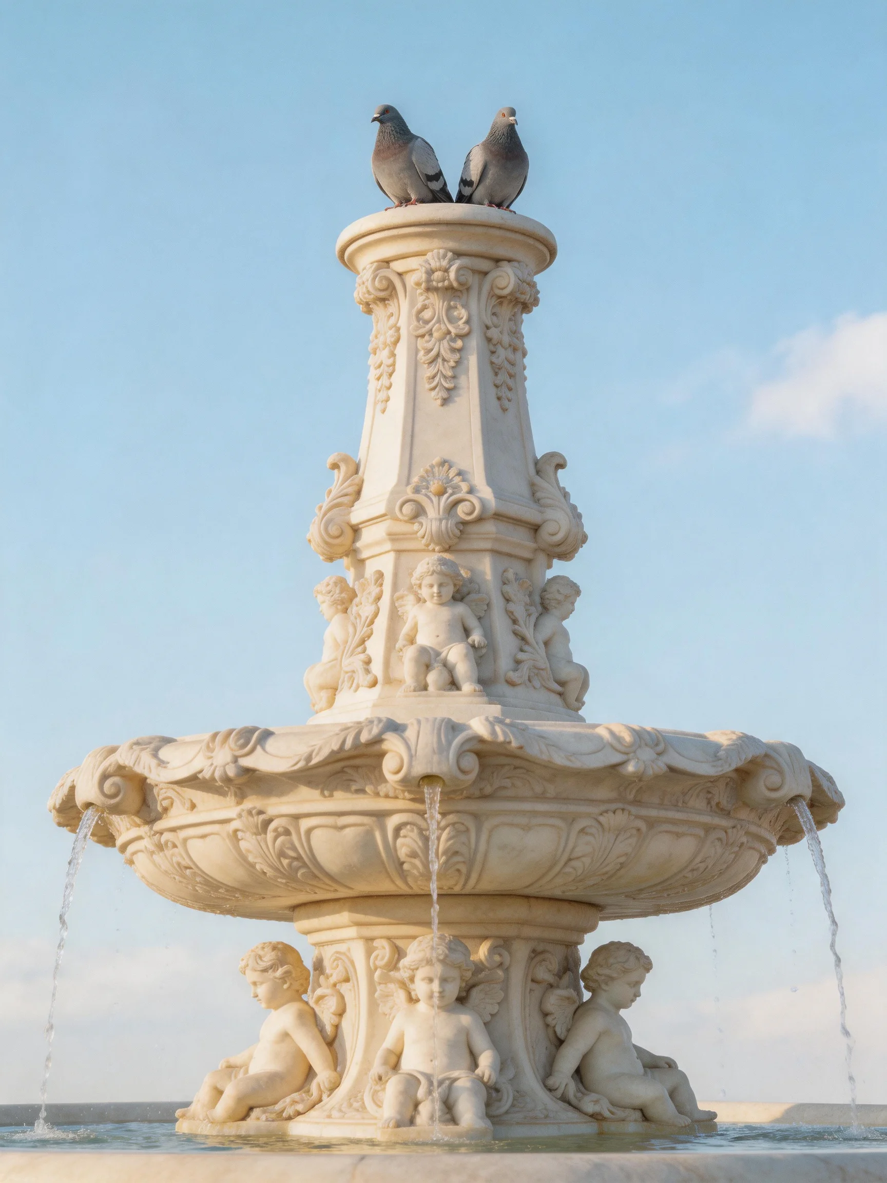 An ornate white fountain with cherubs and two pigeons atop