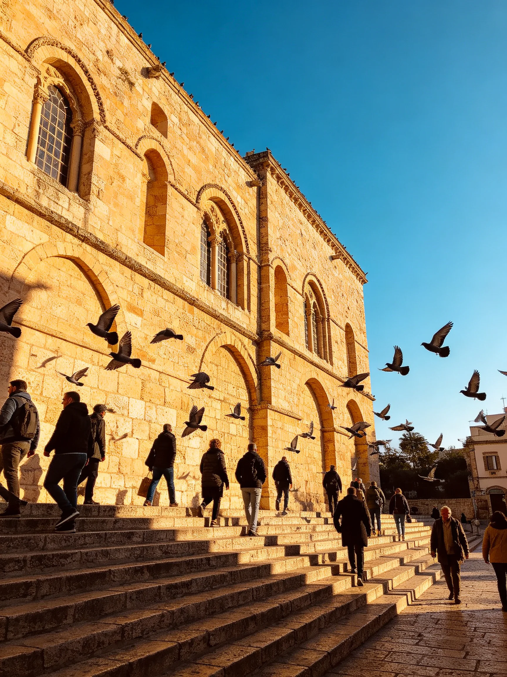 Pedestrians climb stone steps beside an ancient building with flying birds.