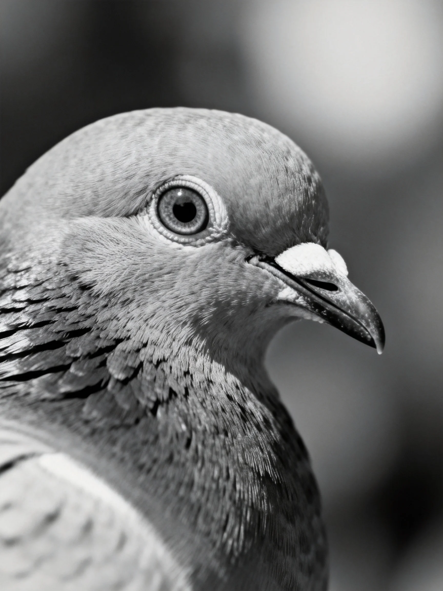 Black and white close - up of a pigeon with textured plumage
