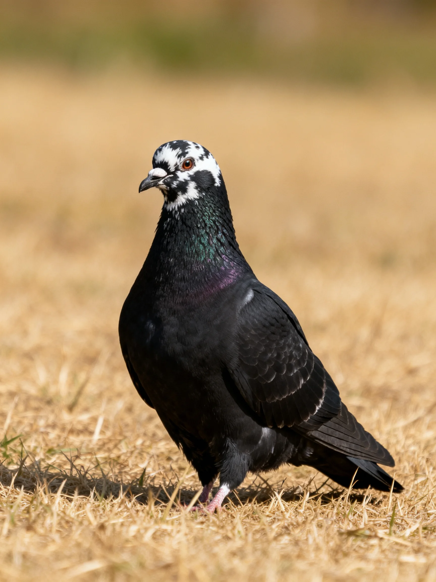 A black pigeon with white head patches stands on dry grass.