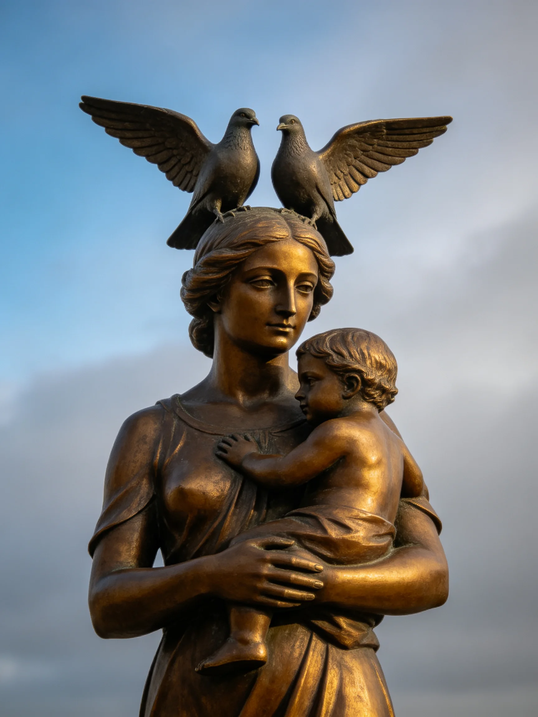 Bronze statue featuring a woman holding a child with two doves on her head
