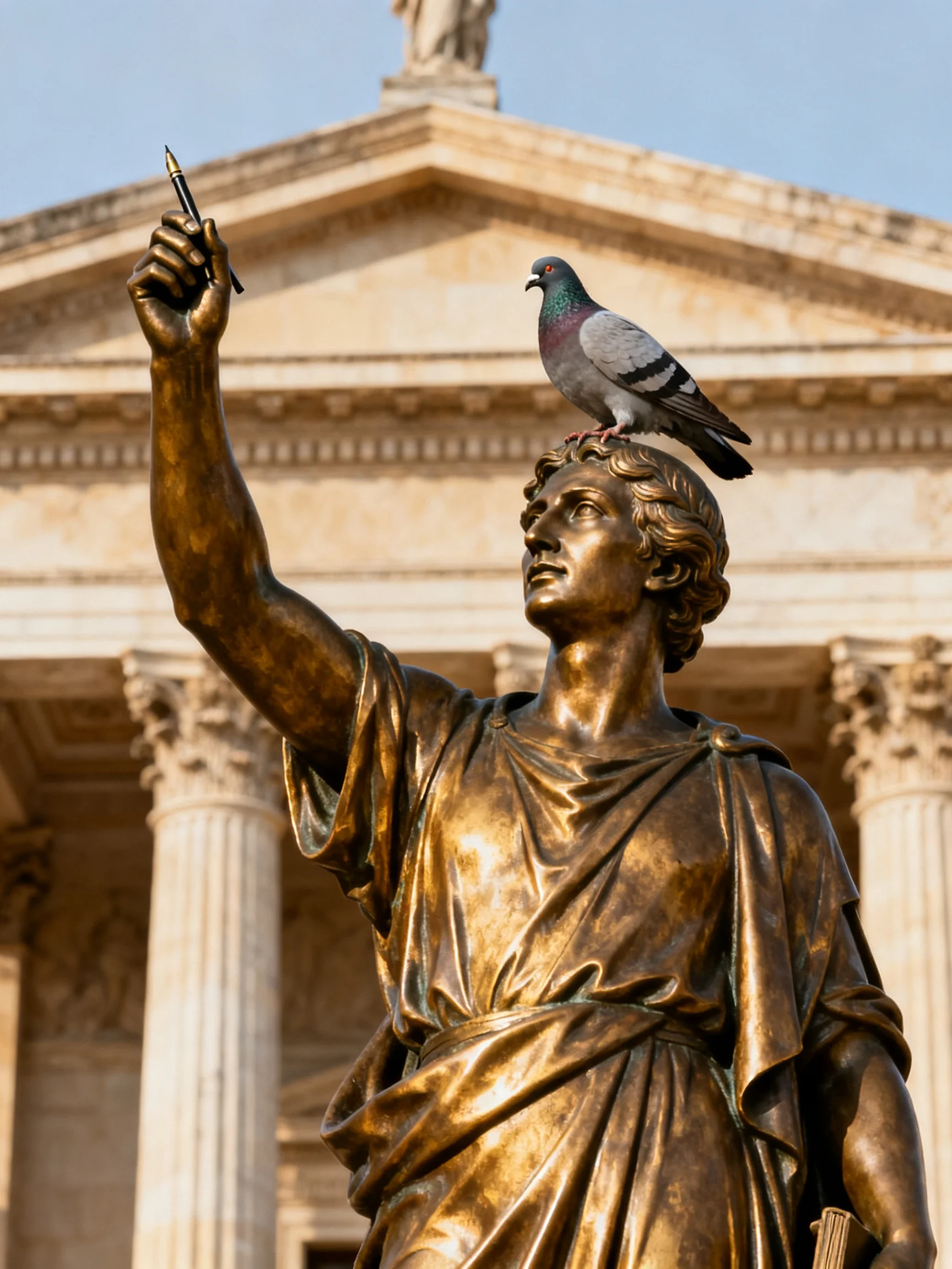 Bronze statue of a robed figure with a pigeon on its head near grand columns