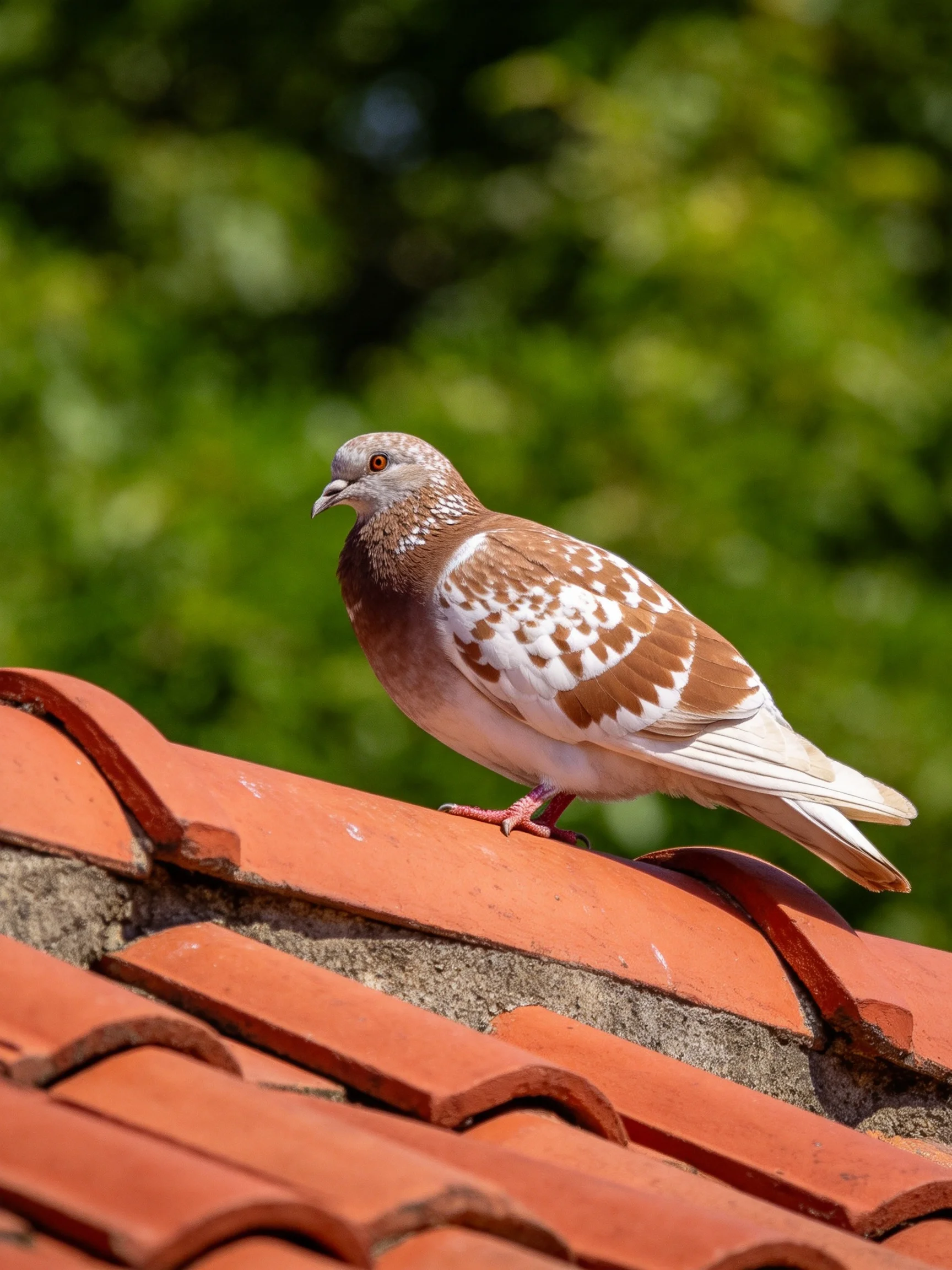 A brown and white spotted pigeon perches on terracotta roof tiles with greenery in the background.