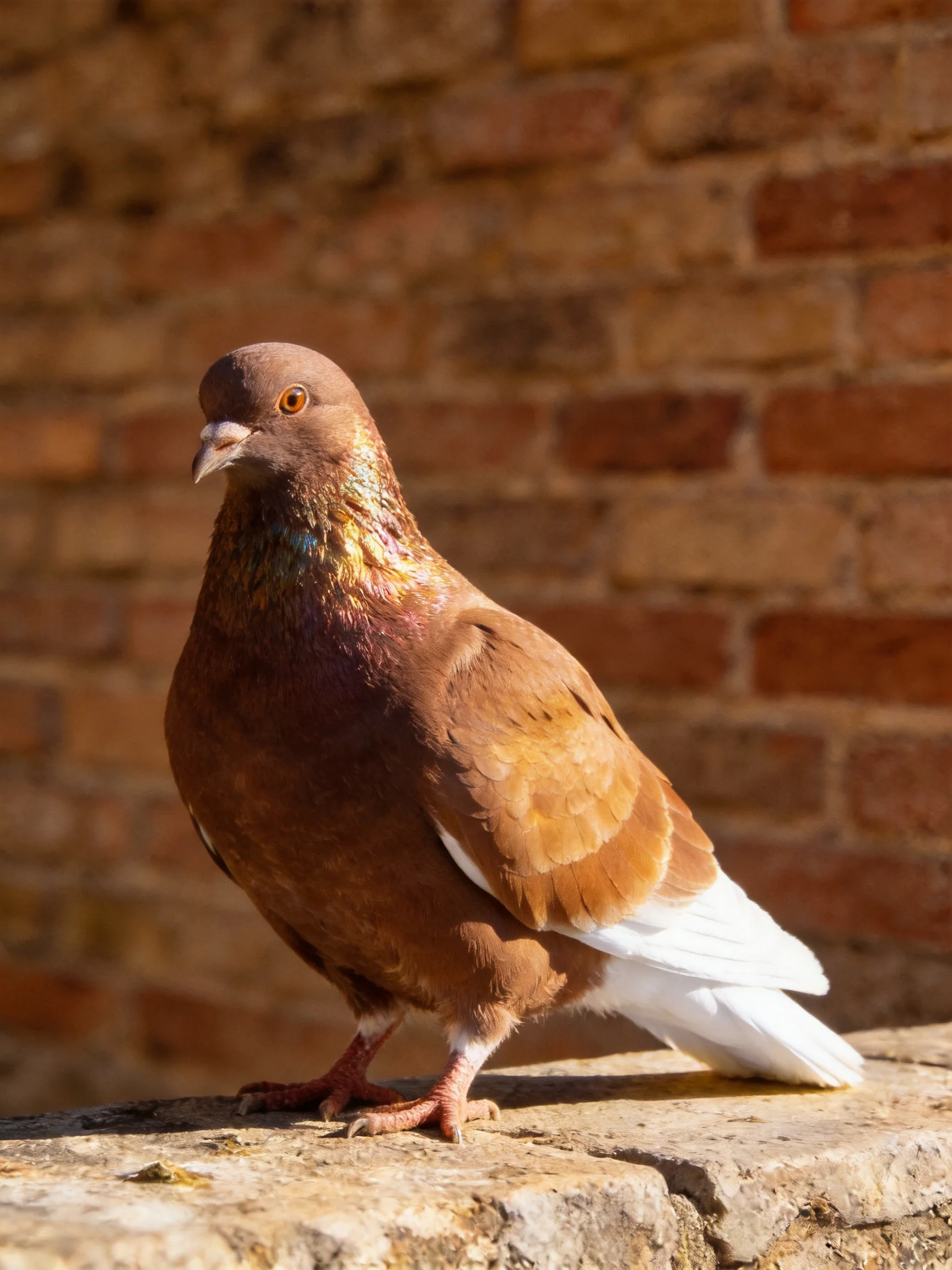 Brown pigeon with white tail perched on stone ledge by old brick wall
