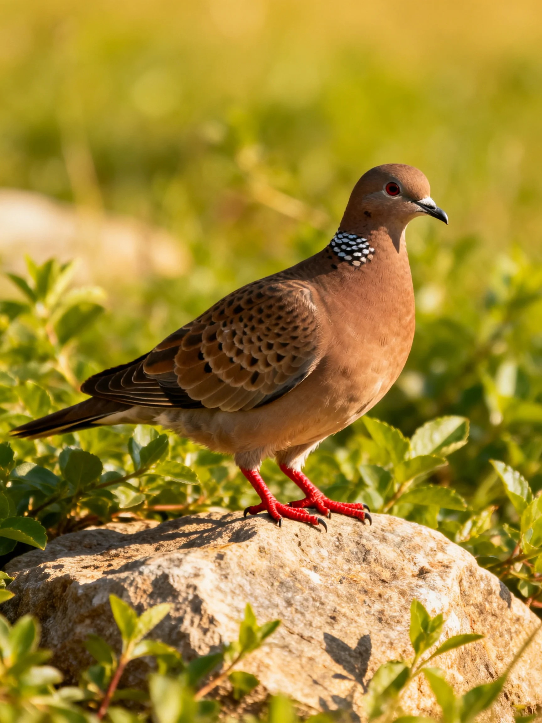 Brown-spotted dove with red legs perched on a rock