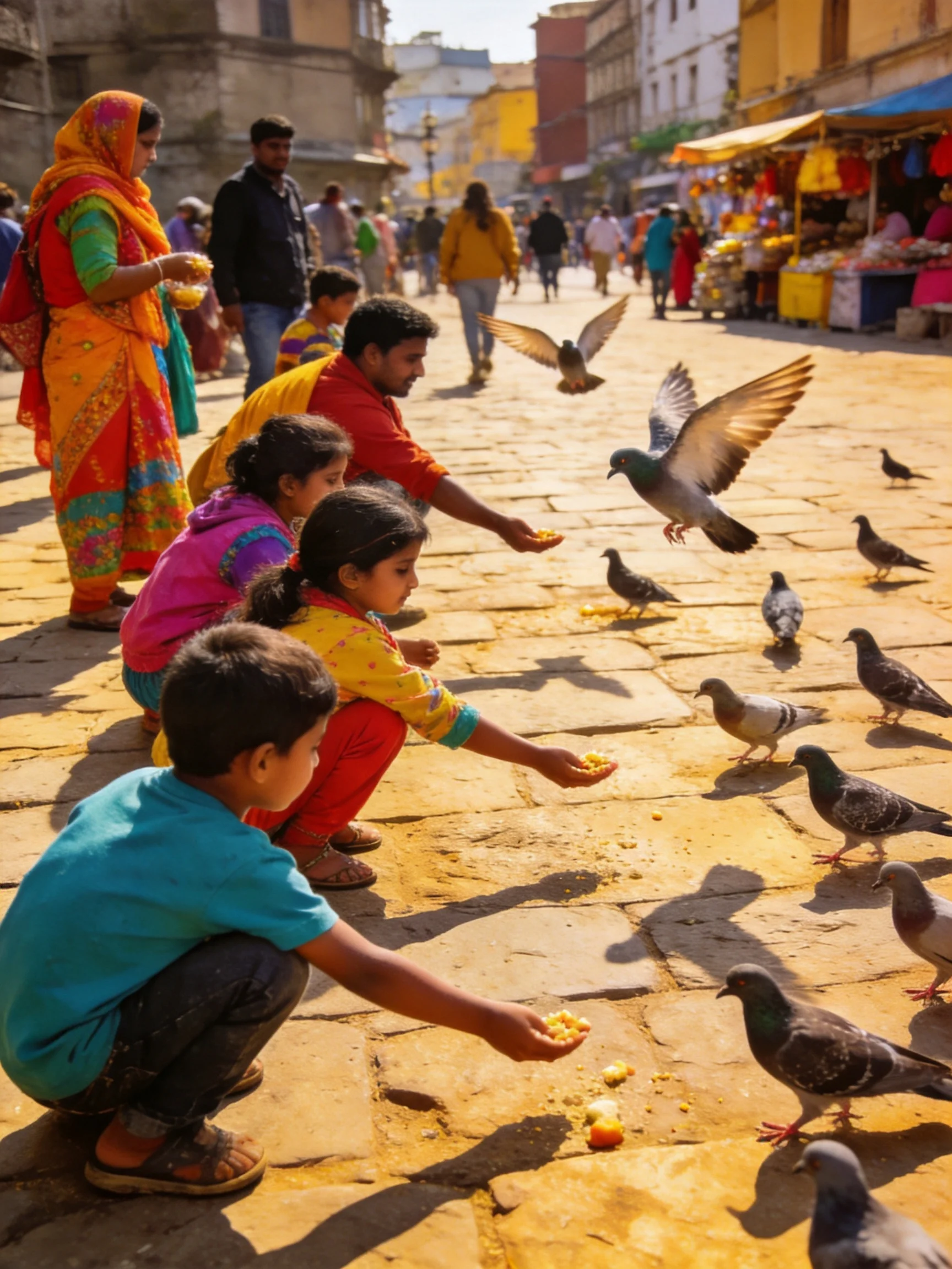 Children Feeding Pigeons in a Colorful Street Market