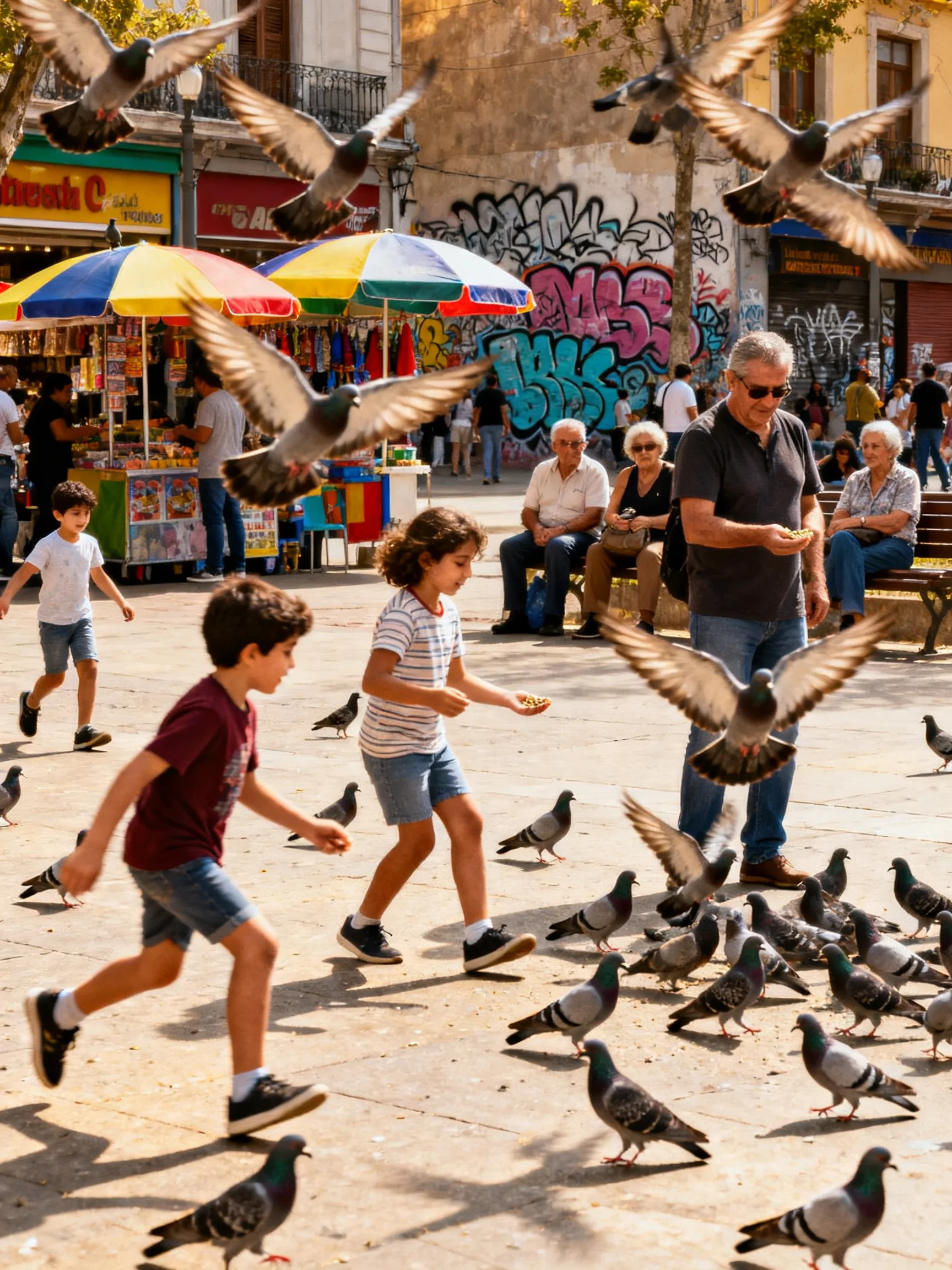 Children feeding pigeons near colorful market stalls
