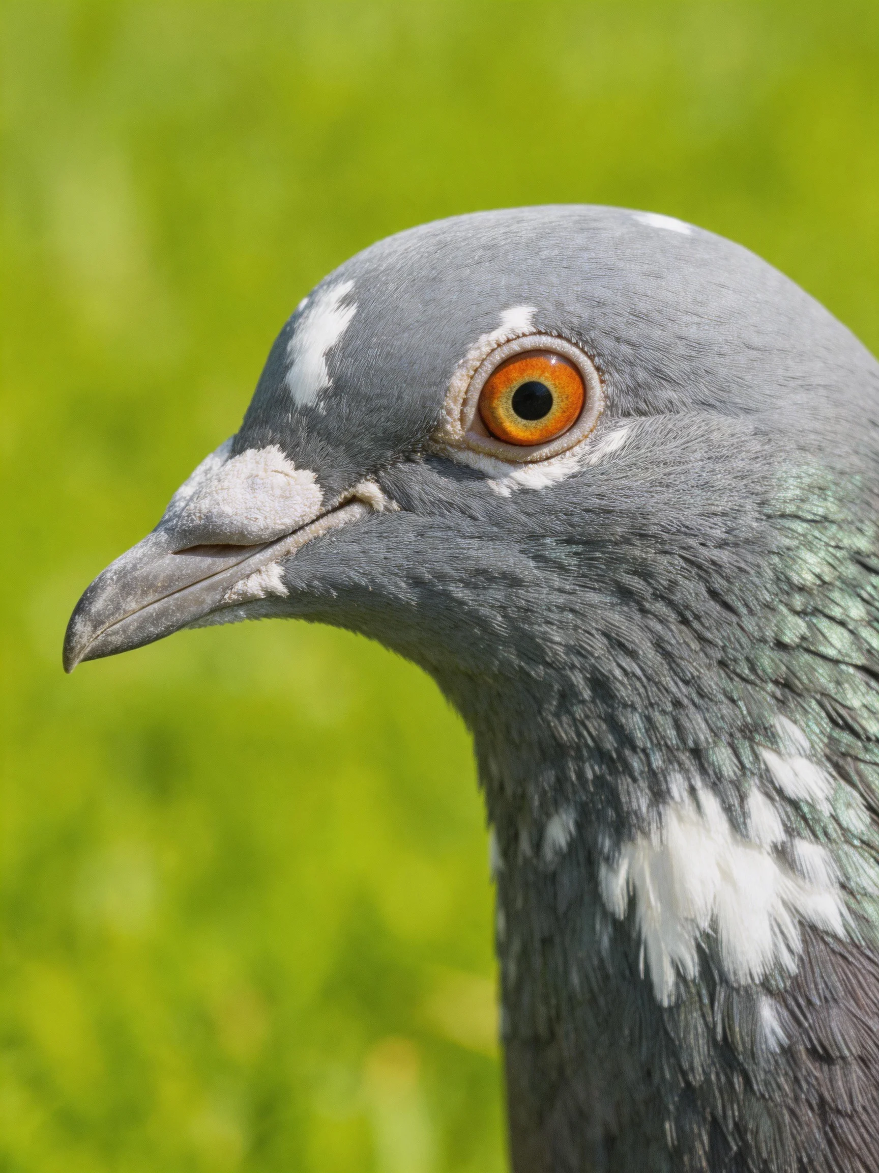 A gray pigeon with an orange eye and white markings is shown in close - up.