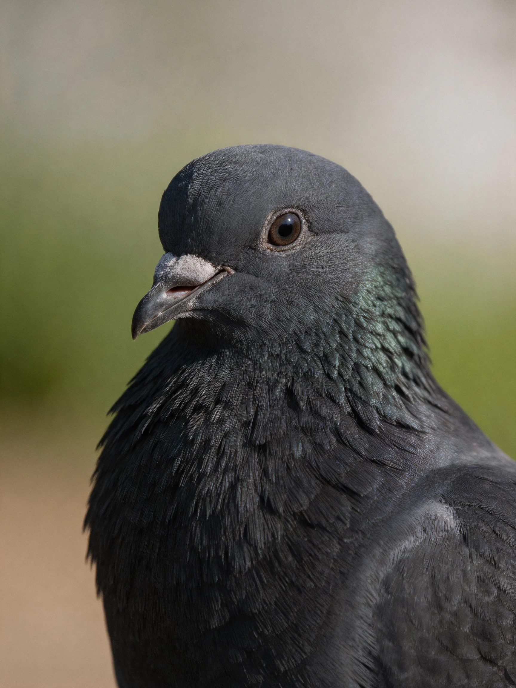 Close - up of a dark gray pigeon with iridescent neck feathers