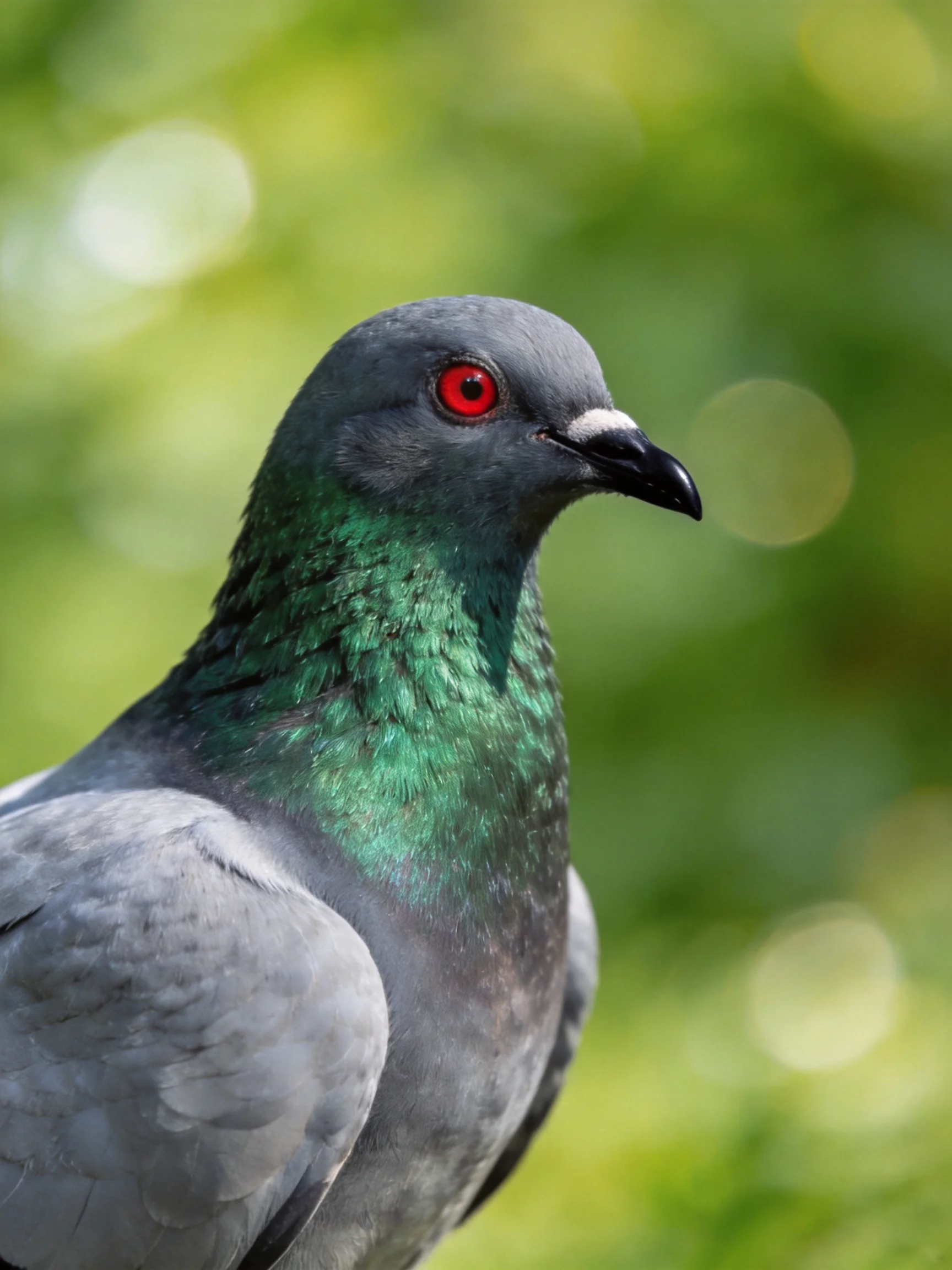 Close - up of a gray and emerald pigeon with bright red eye