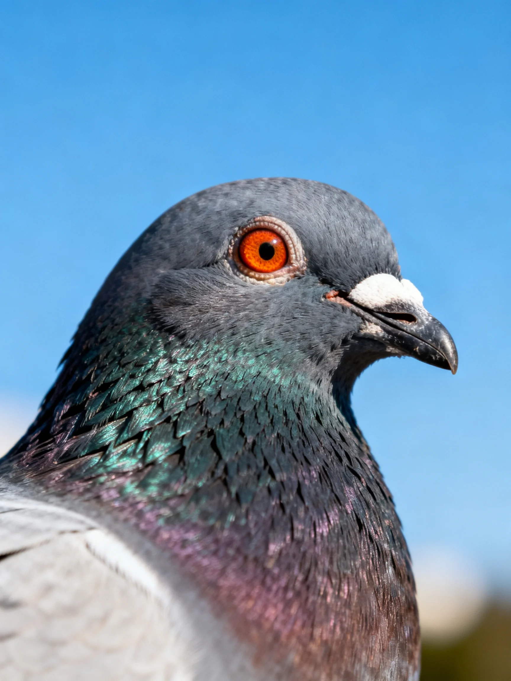 Close - up of a gray pigeon with iridescent neck feathers and orange eye