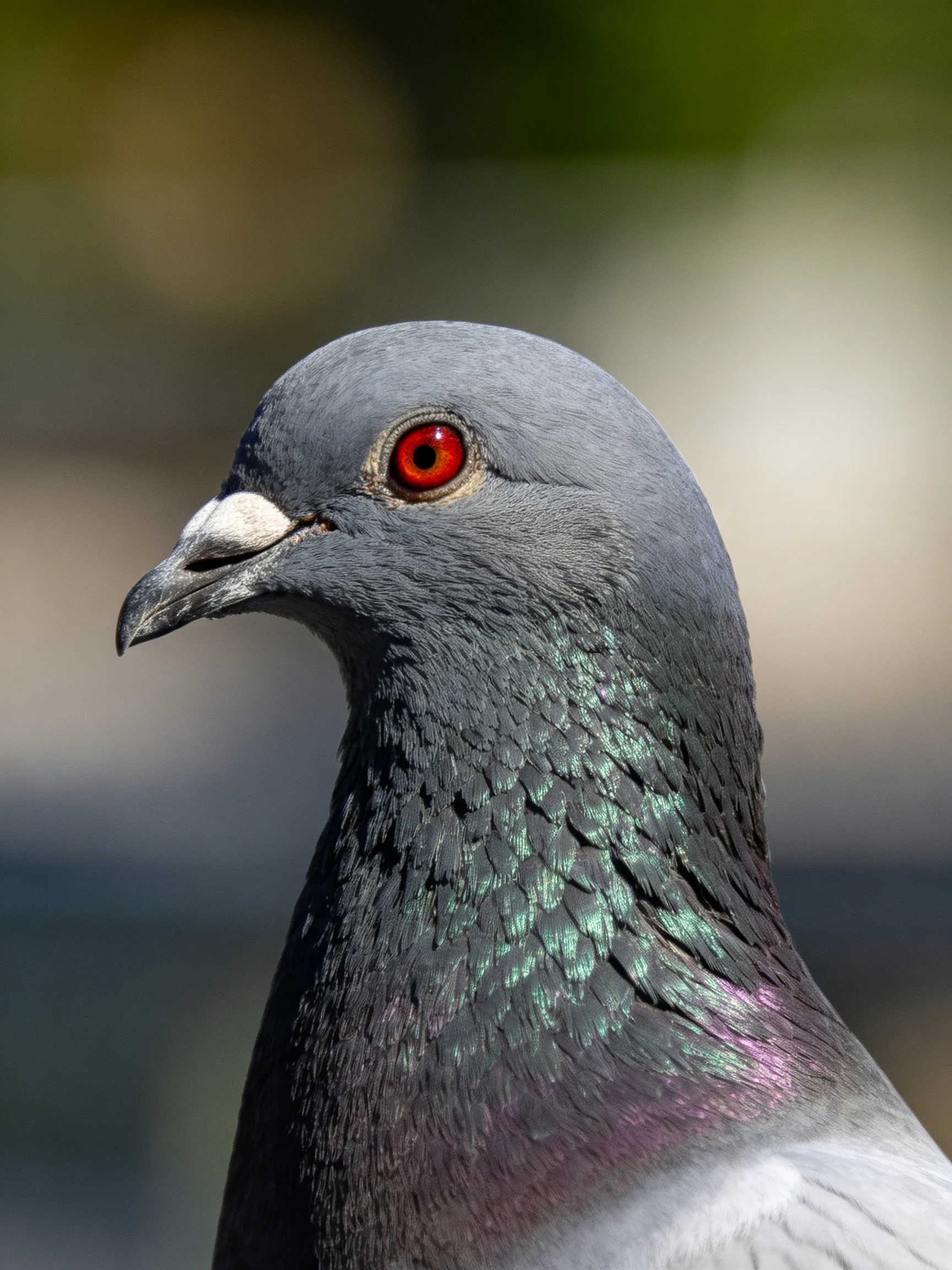 A close - up highlights a gray pigeon with a vivid red eye.