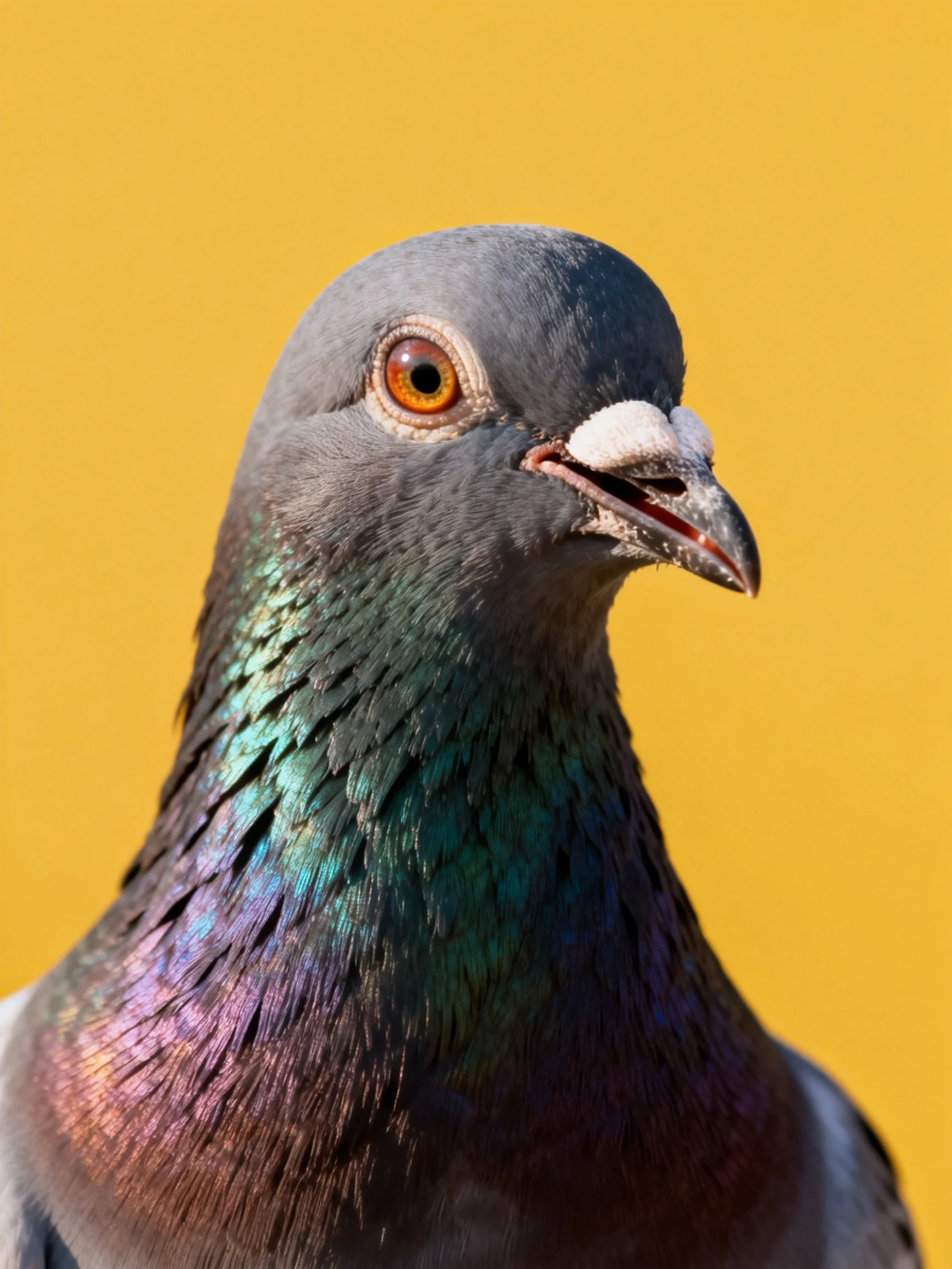 Close - up of a pigeon with iridescent green - purple neck feathers against a bright yellow backdrop