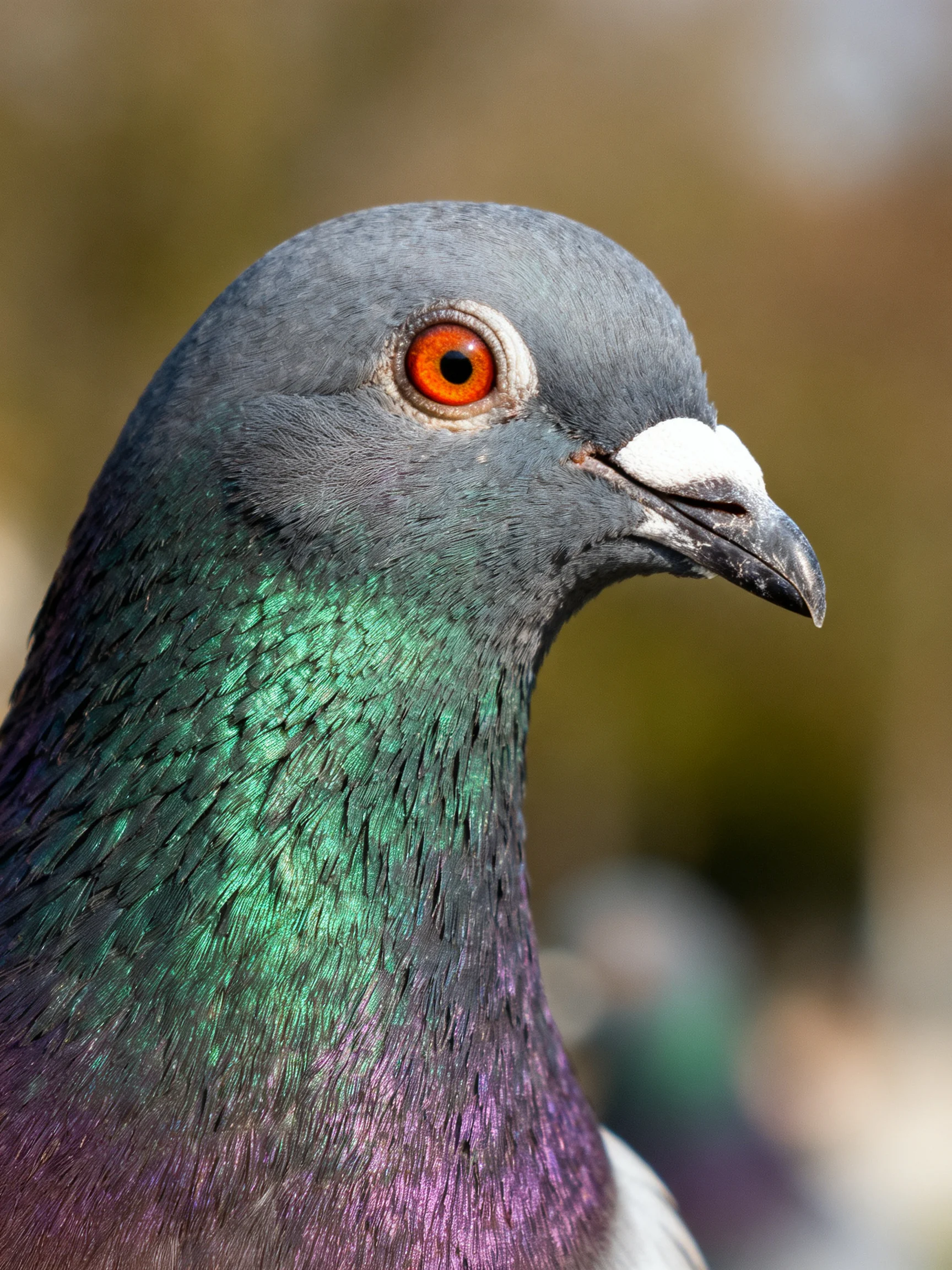 A close - up highlights a pigeon’s colorful neck feathers.