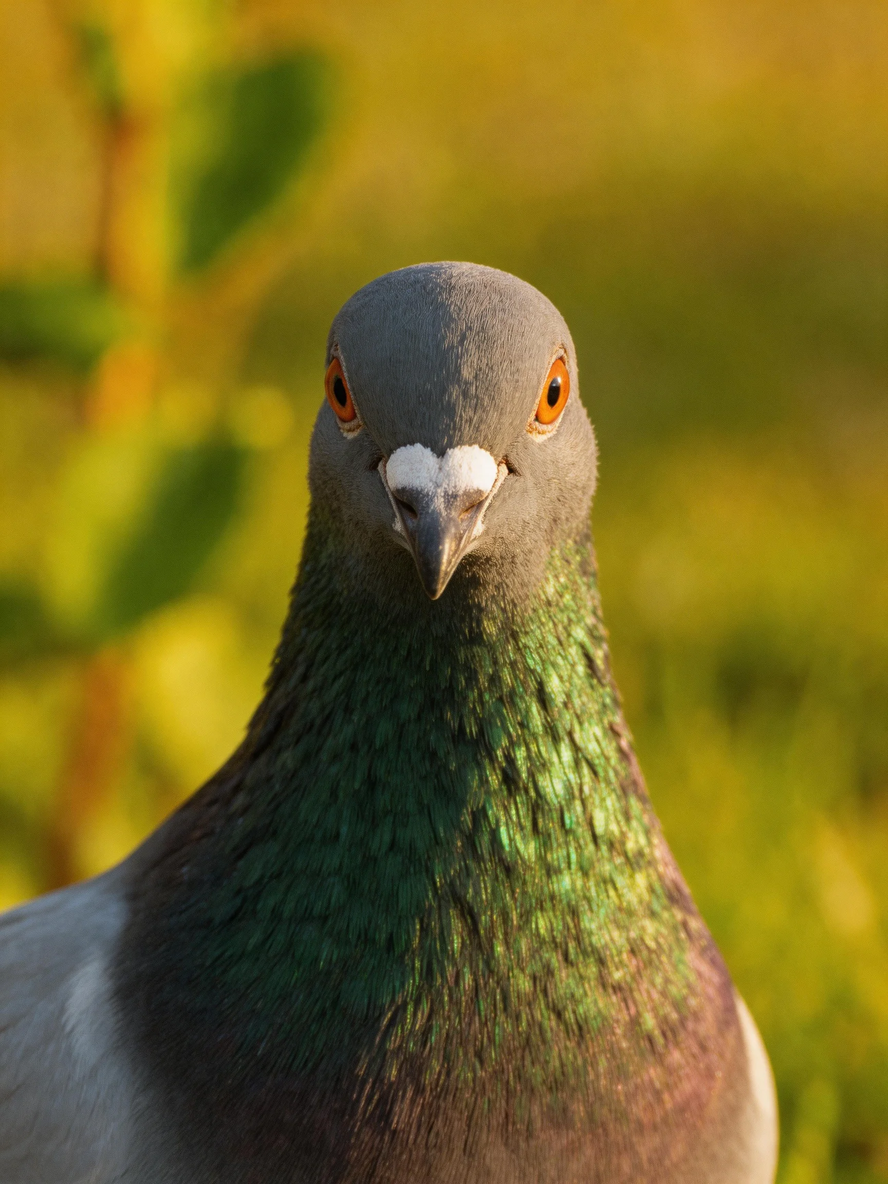 A gray pigeon with green neck feathers is centered before a blurred natural background.