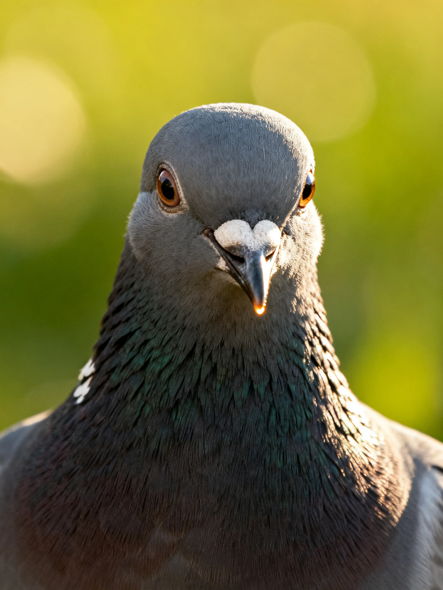 A gray pigeon with iridescent neck plumage is captured up close.