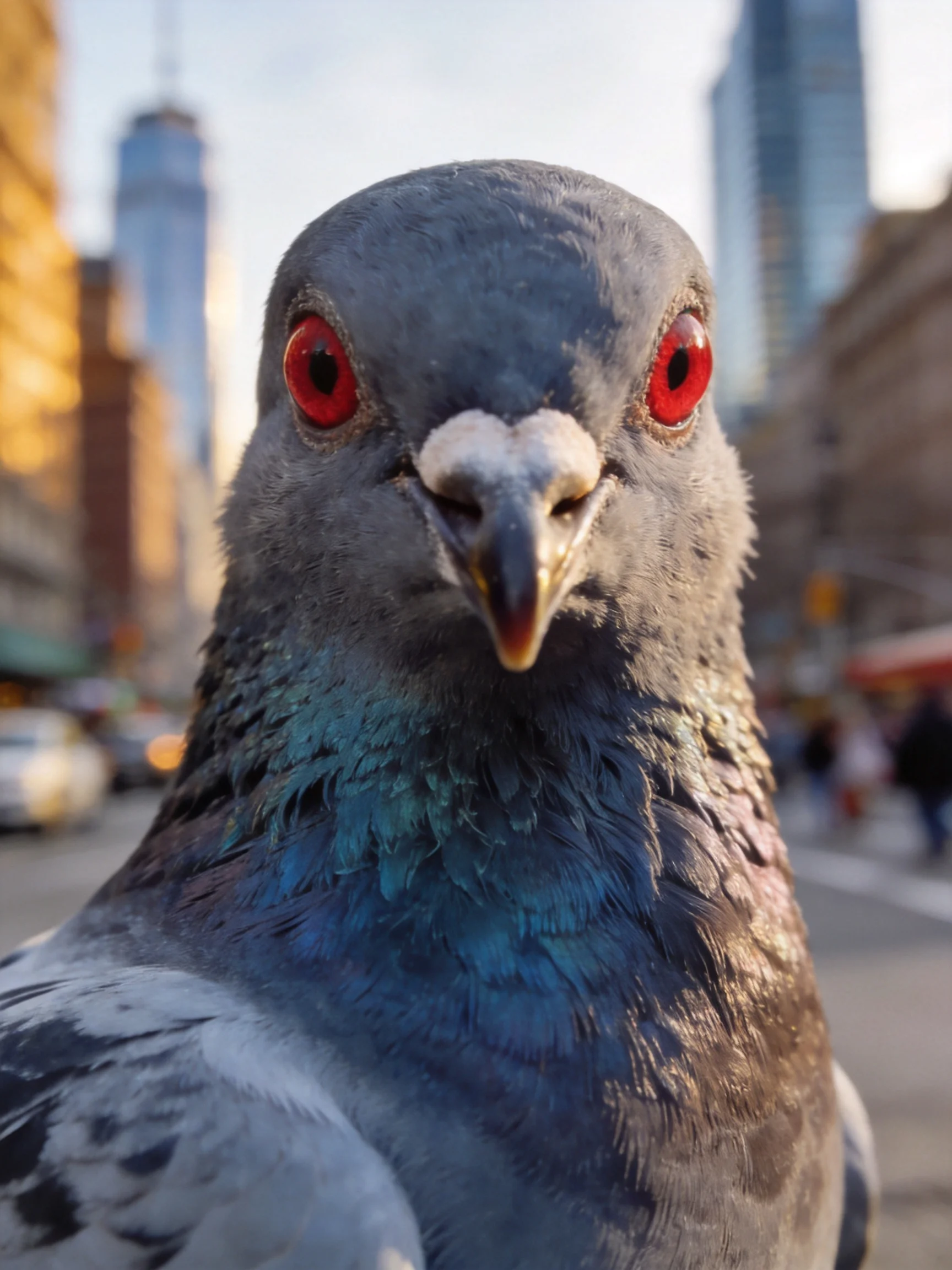 Close-up of a gray pigeon with vivid red eyes in a city street