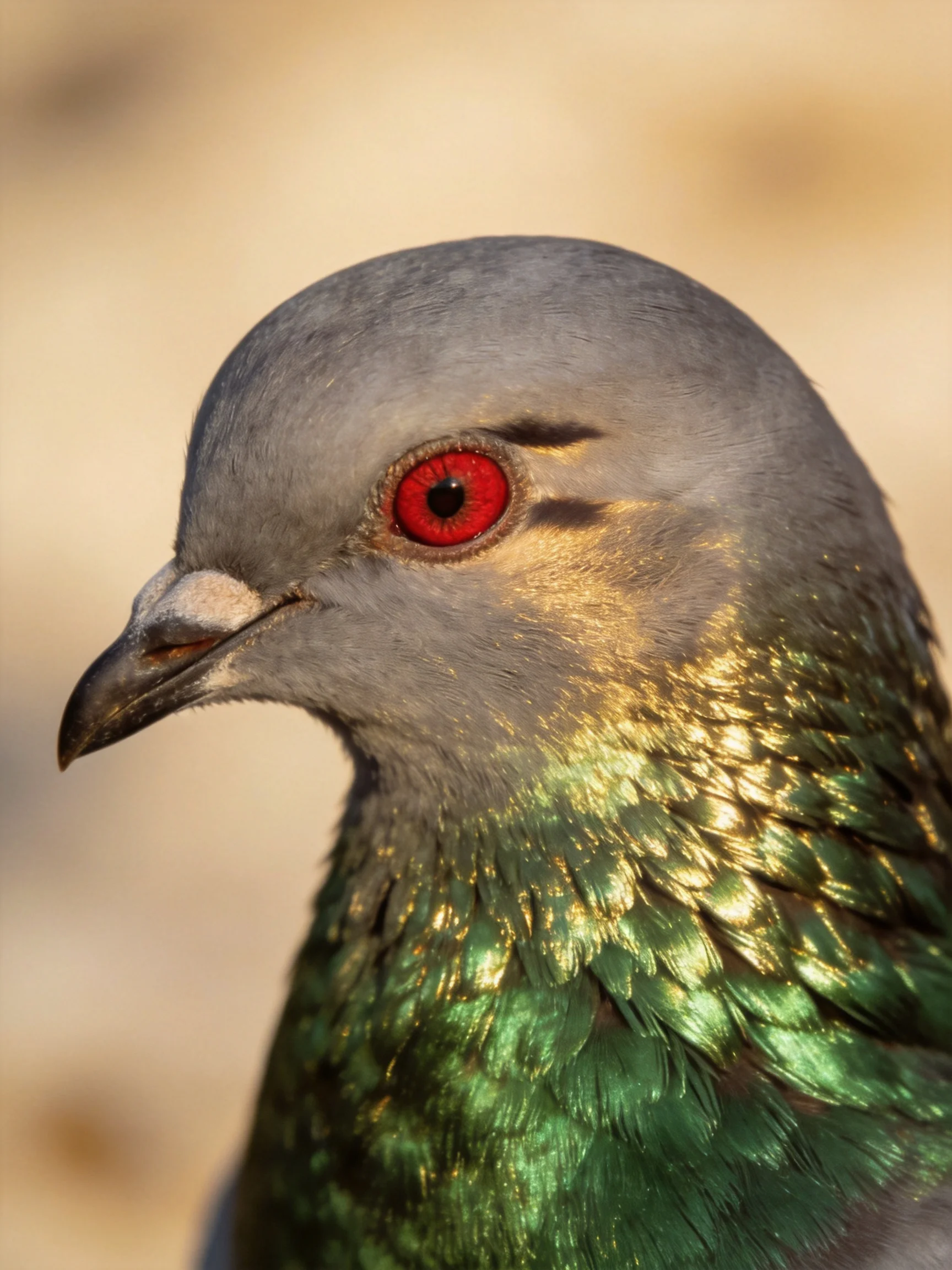 A pigeon with gray head and colorful plumage is captured in a close-up shot.