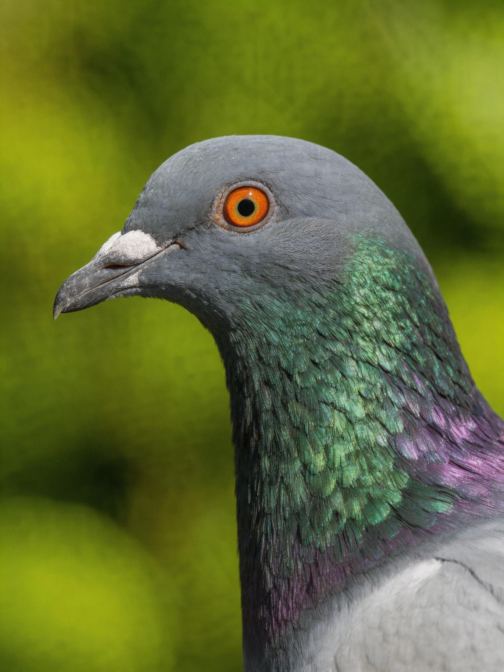 A close - up of a pigeon showcasing a gray head, green neck, and bright orange eye amidst blurred green foliage.
