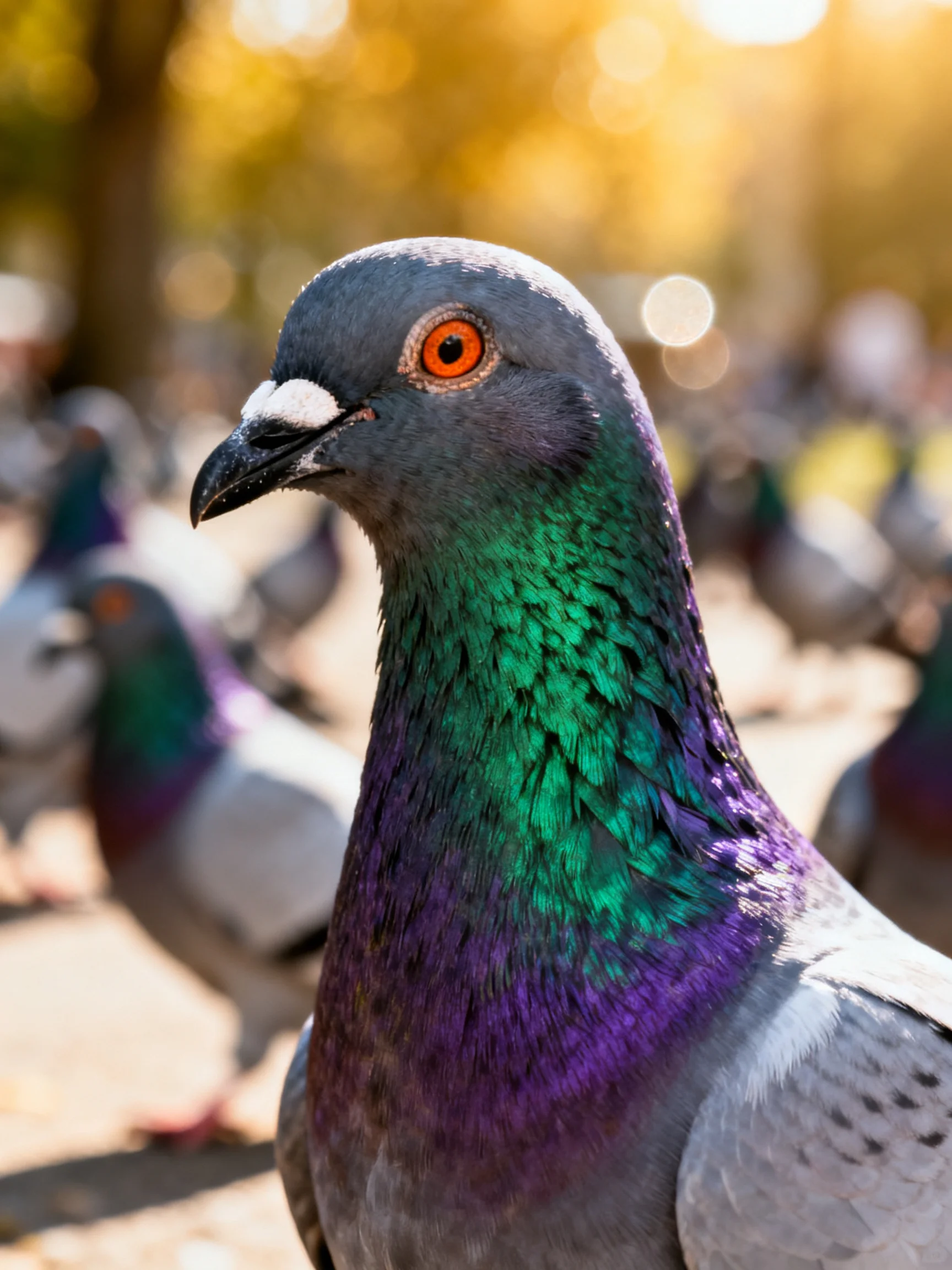 Close-up of a pigeon with iridescent green-purple neck feathers