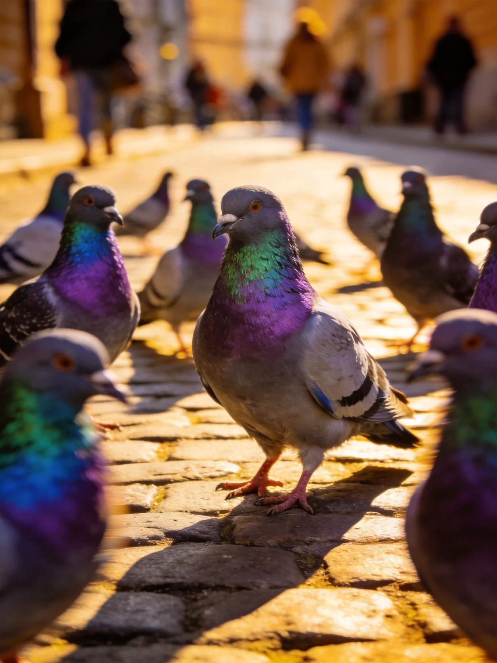 Colorful pigeons gather on sunlit cobblestone street