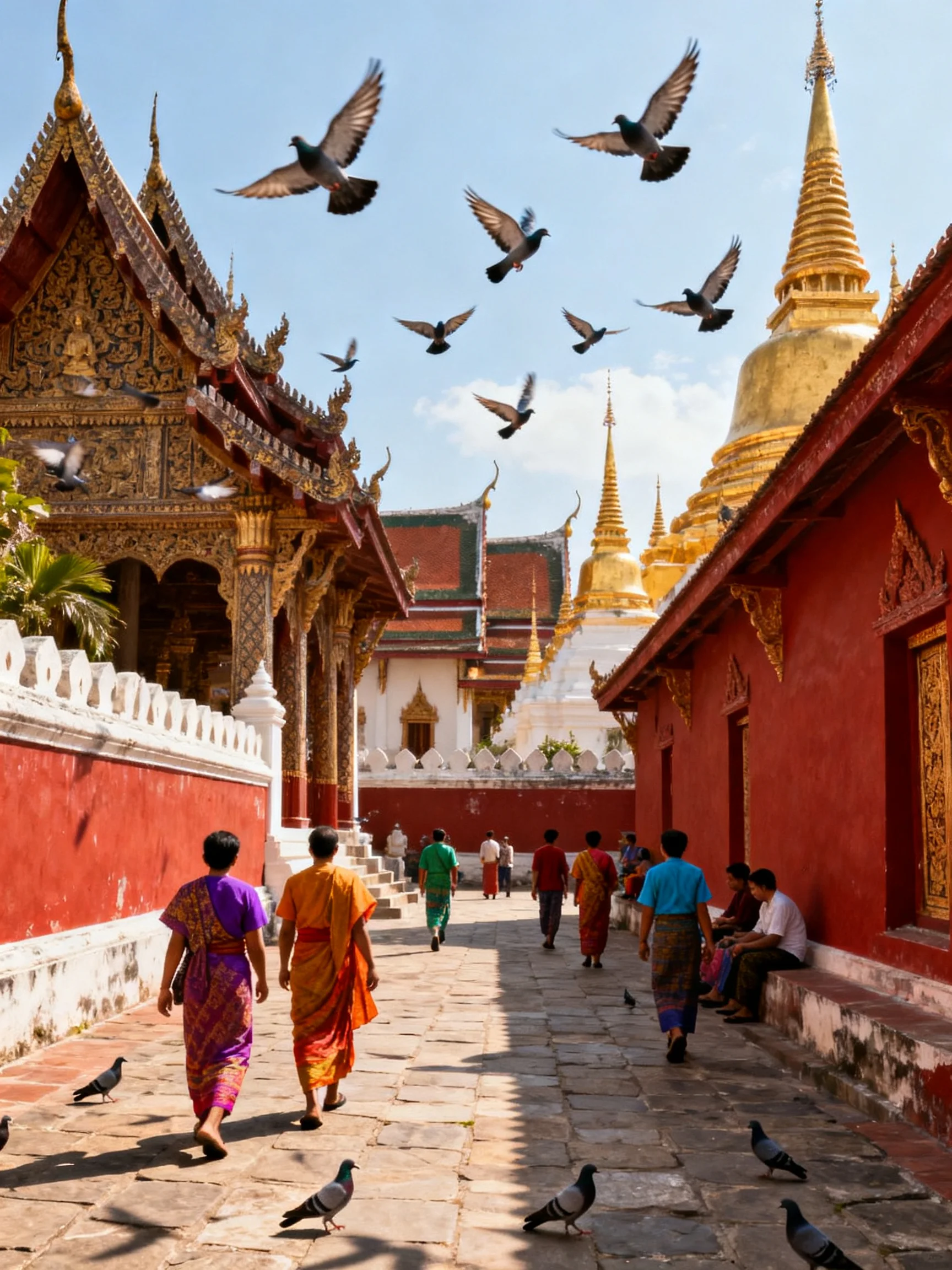 Colorful temple complex with golden spires, red walls, and flying pigeons