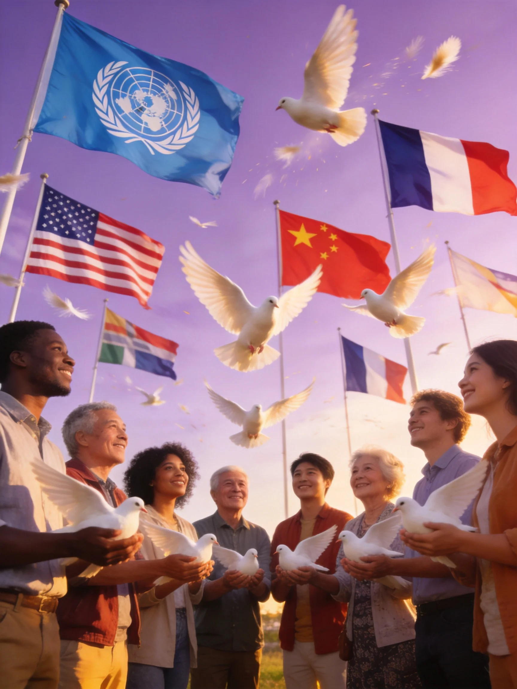 Diverse group releasing white doves near international flags under purple sky
