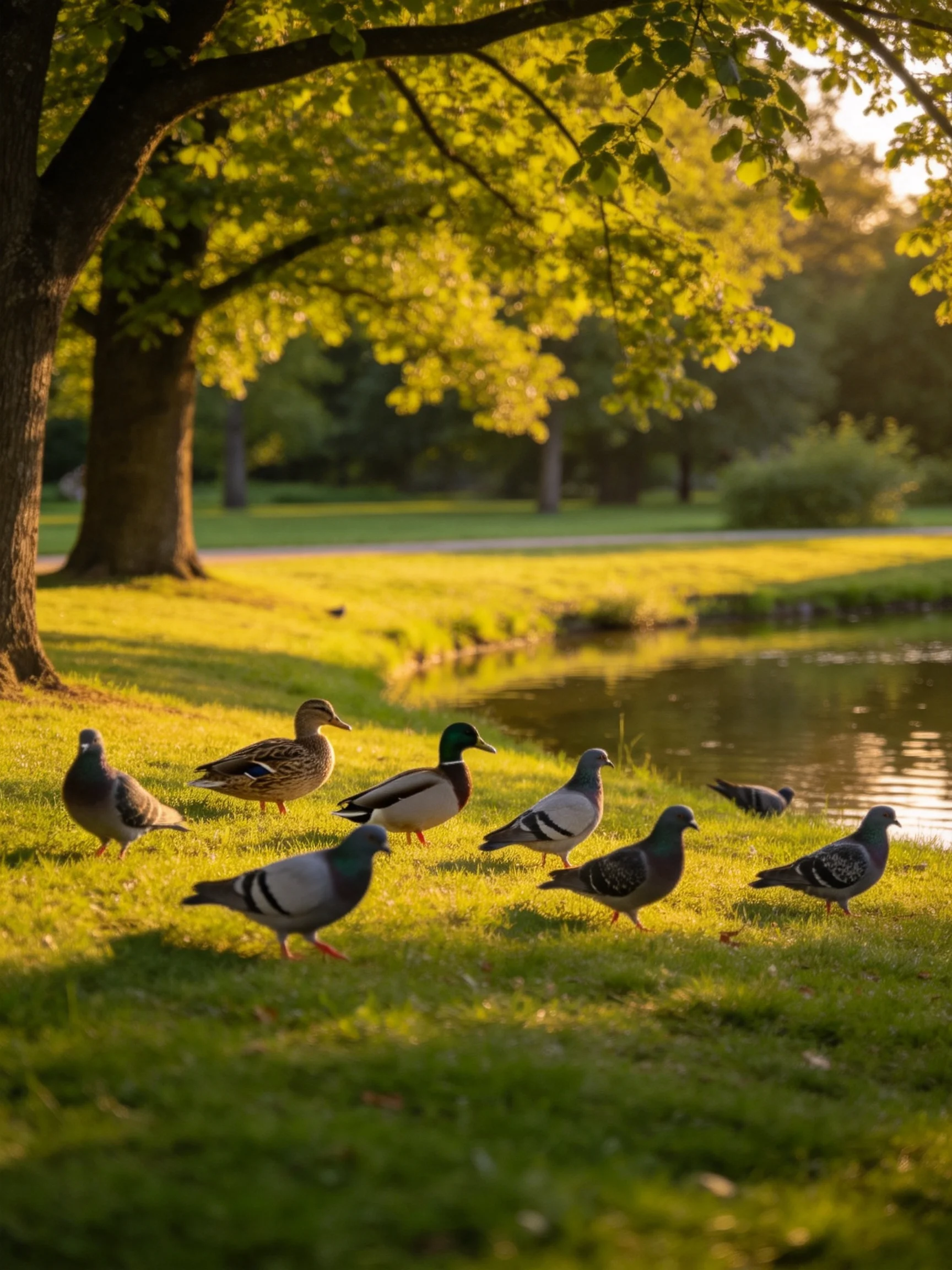 Ducks and pigeons gather near a pond under golden sunlight