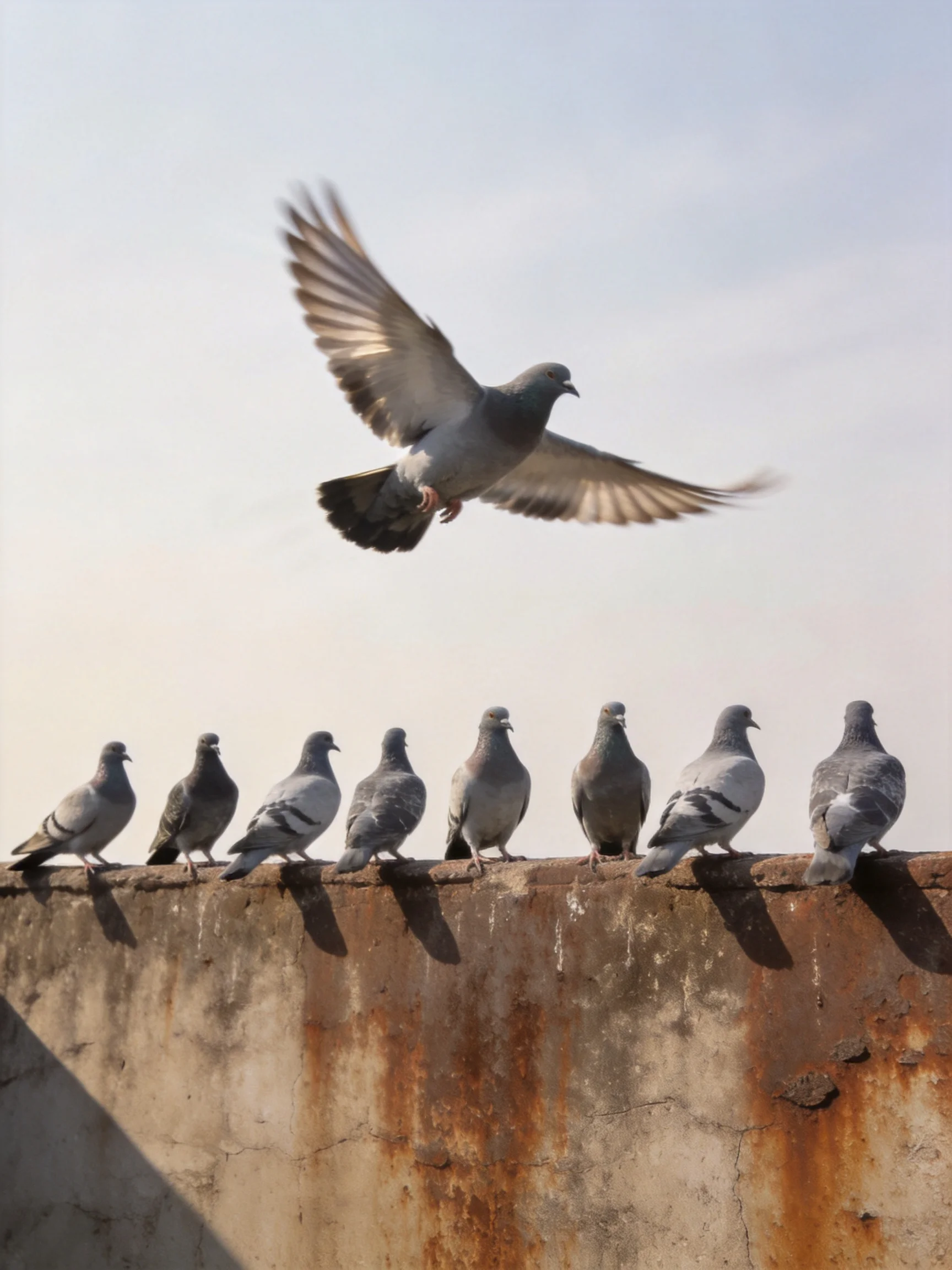 Eight Pigeons Perched on a Rusty Concrete Wall; One Flies