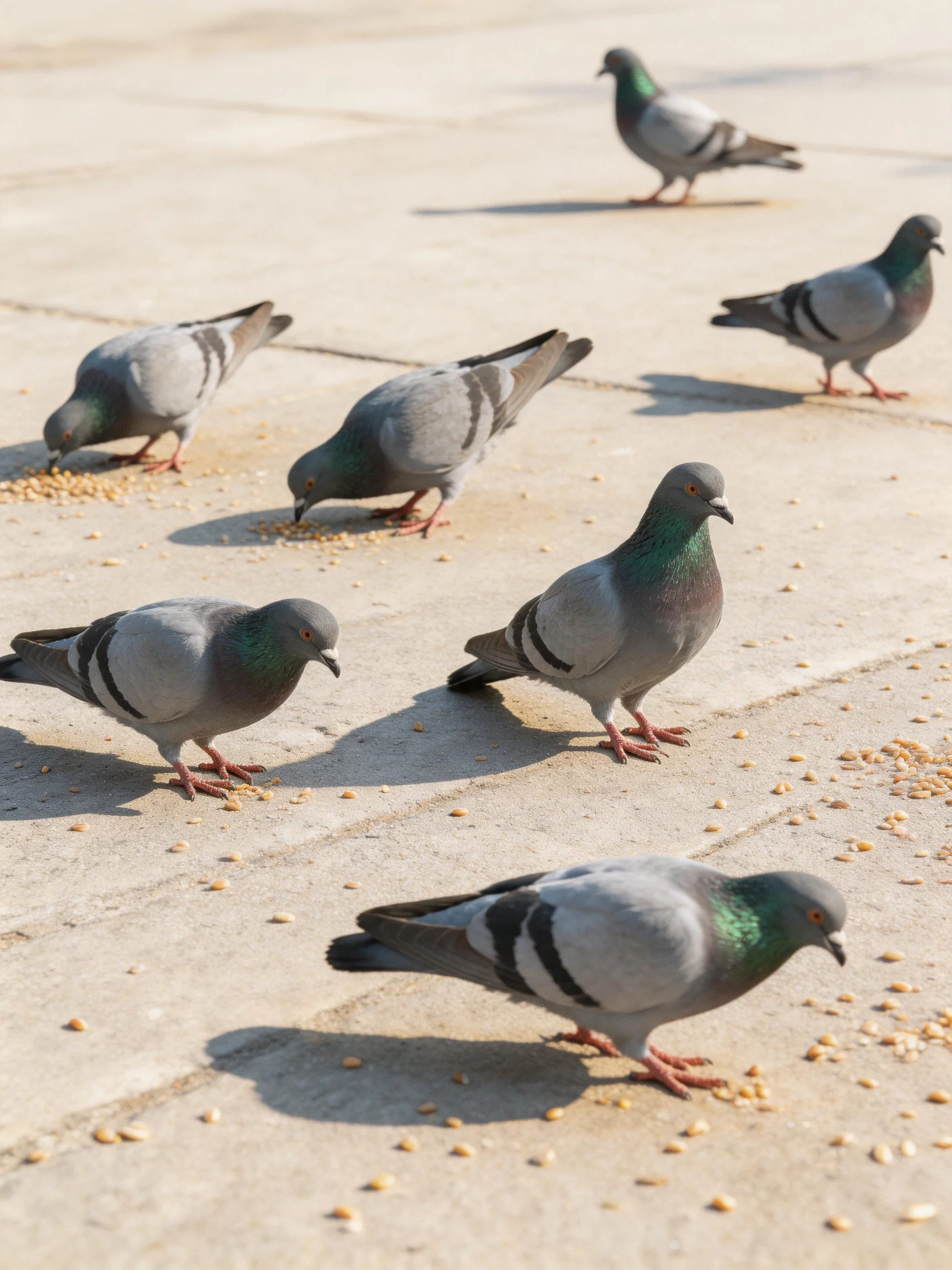 Eight gray-green pigeons pecking seeds on a smooth concrete pavement