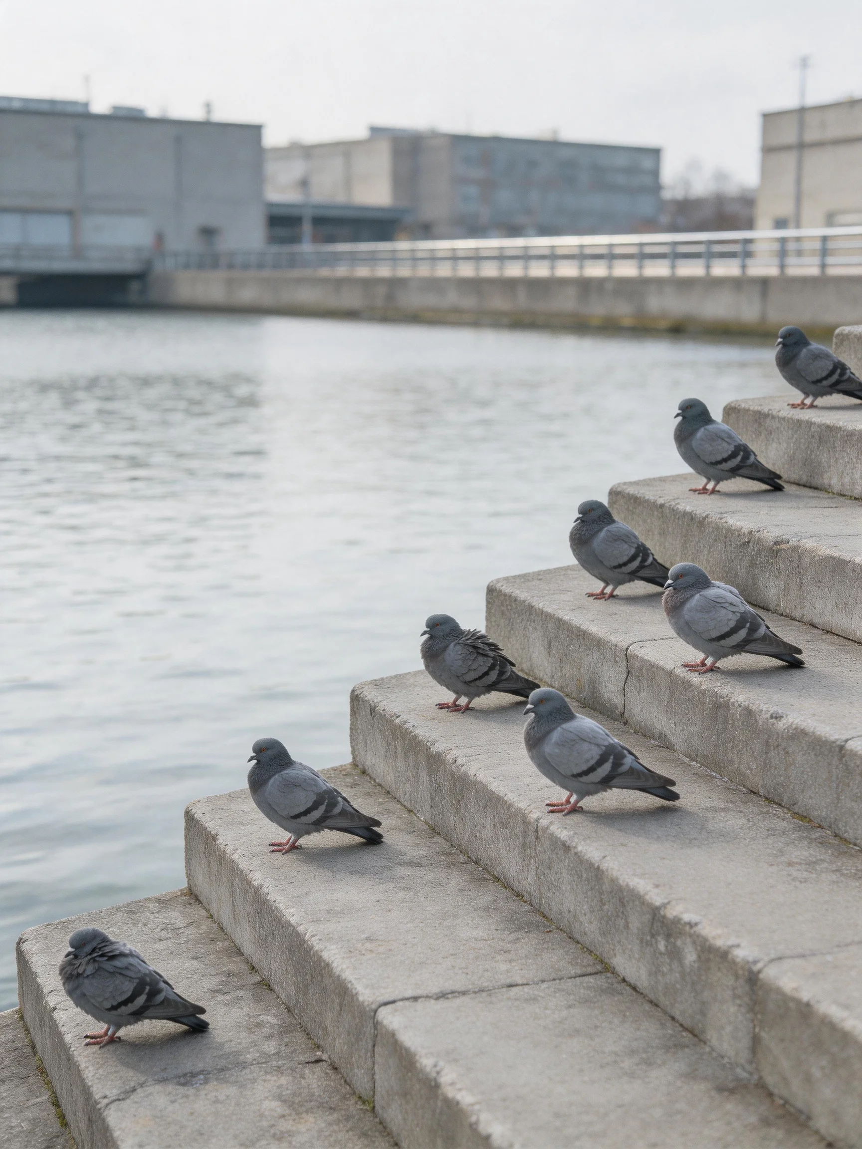 Eight gray pigeons rest on weathered concrete steps by calm water