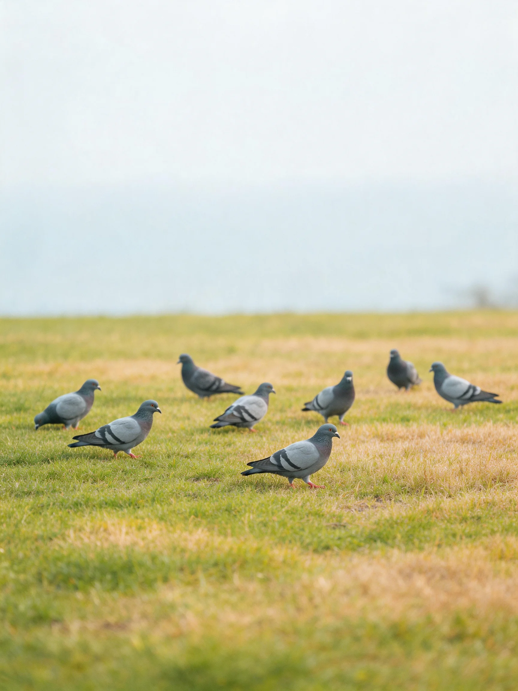 Eight gray pigeons roam a grassy field with green and brown patches