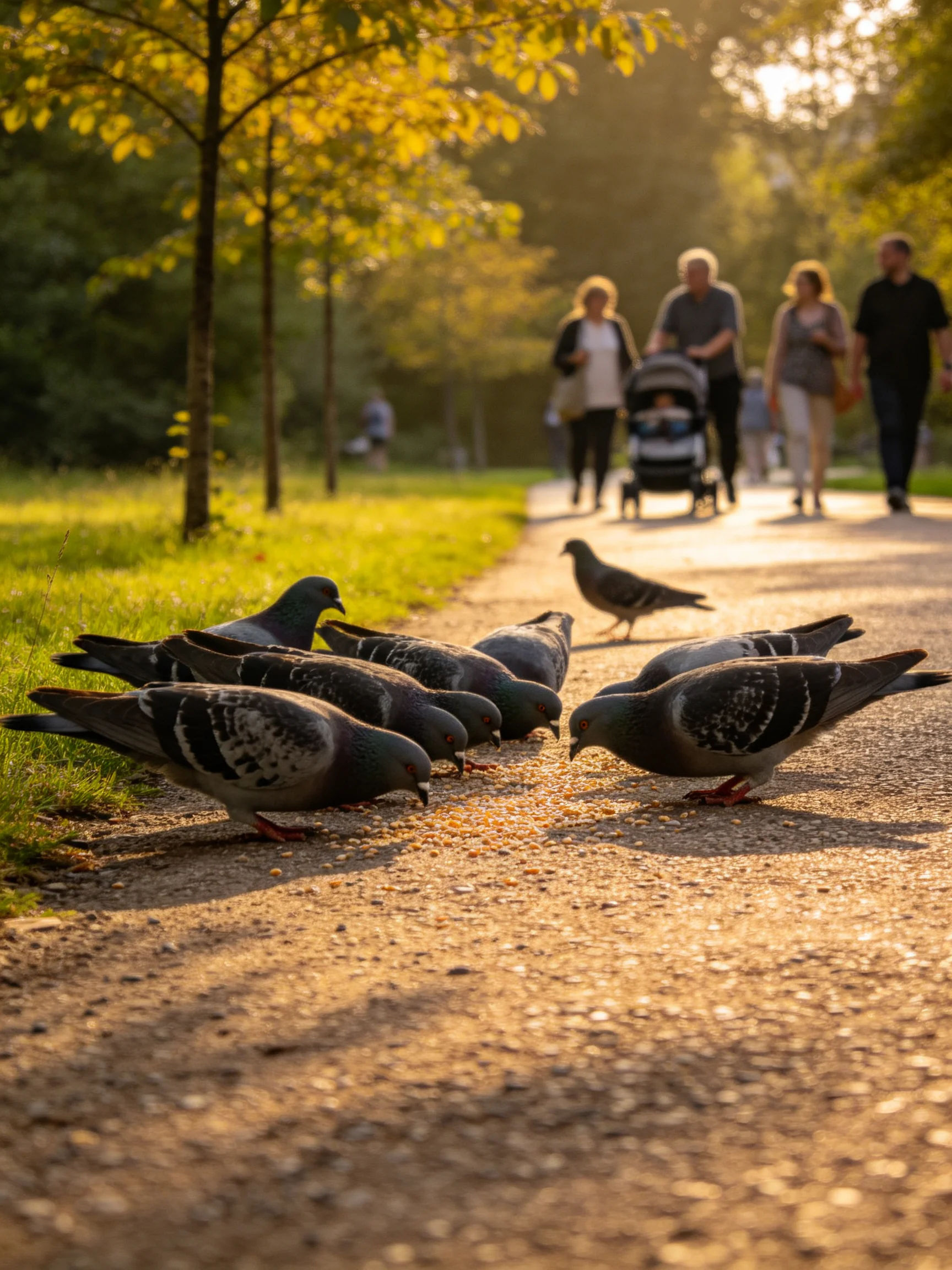 Eight pigeons congregate on a sunlit park path with pedestrians in the background.