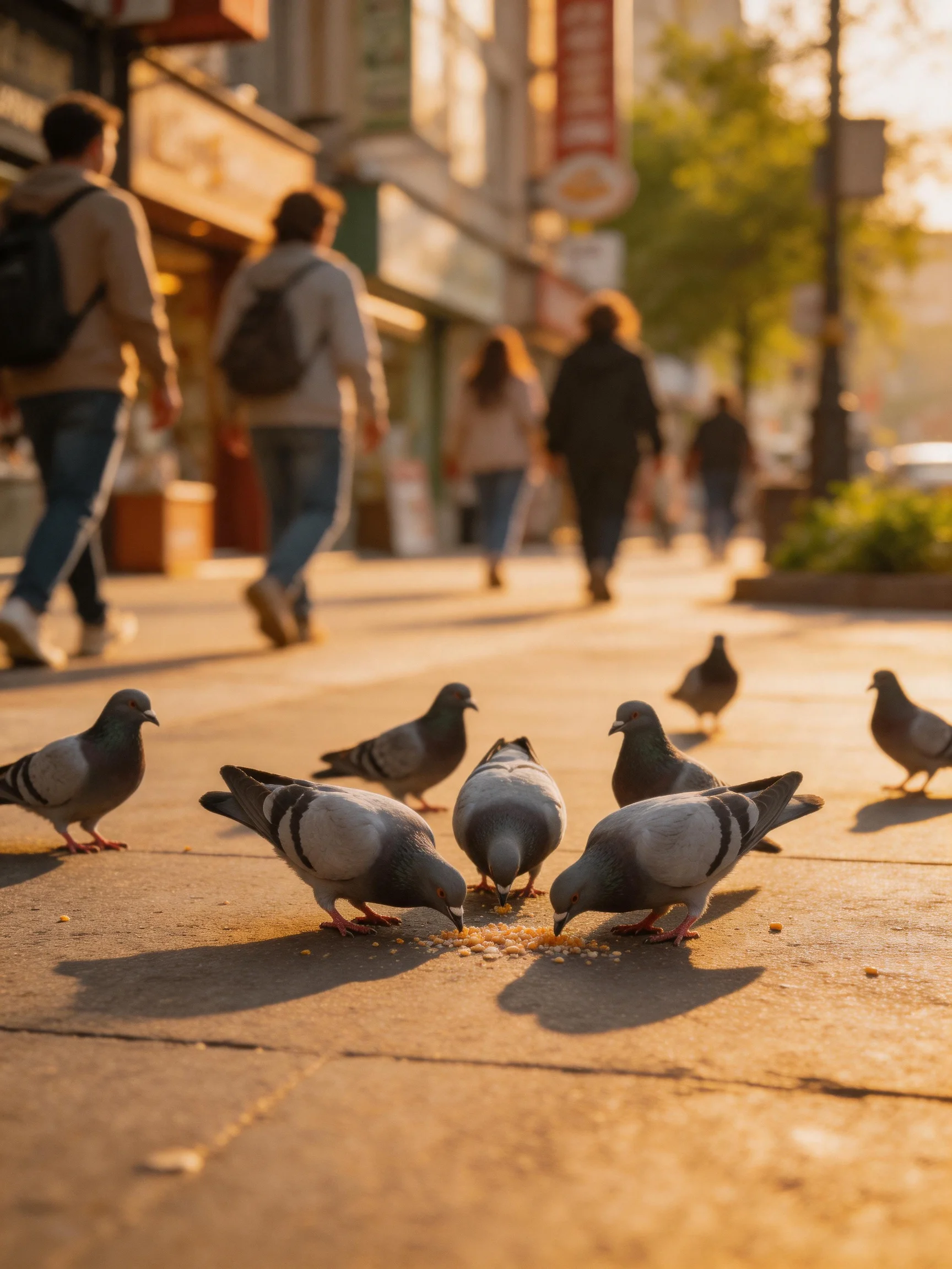 Eight pigeons feed on seeds on a sunlit urban sidewalk