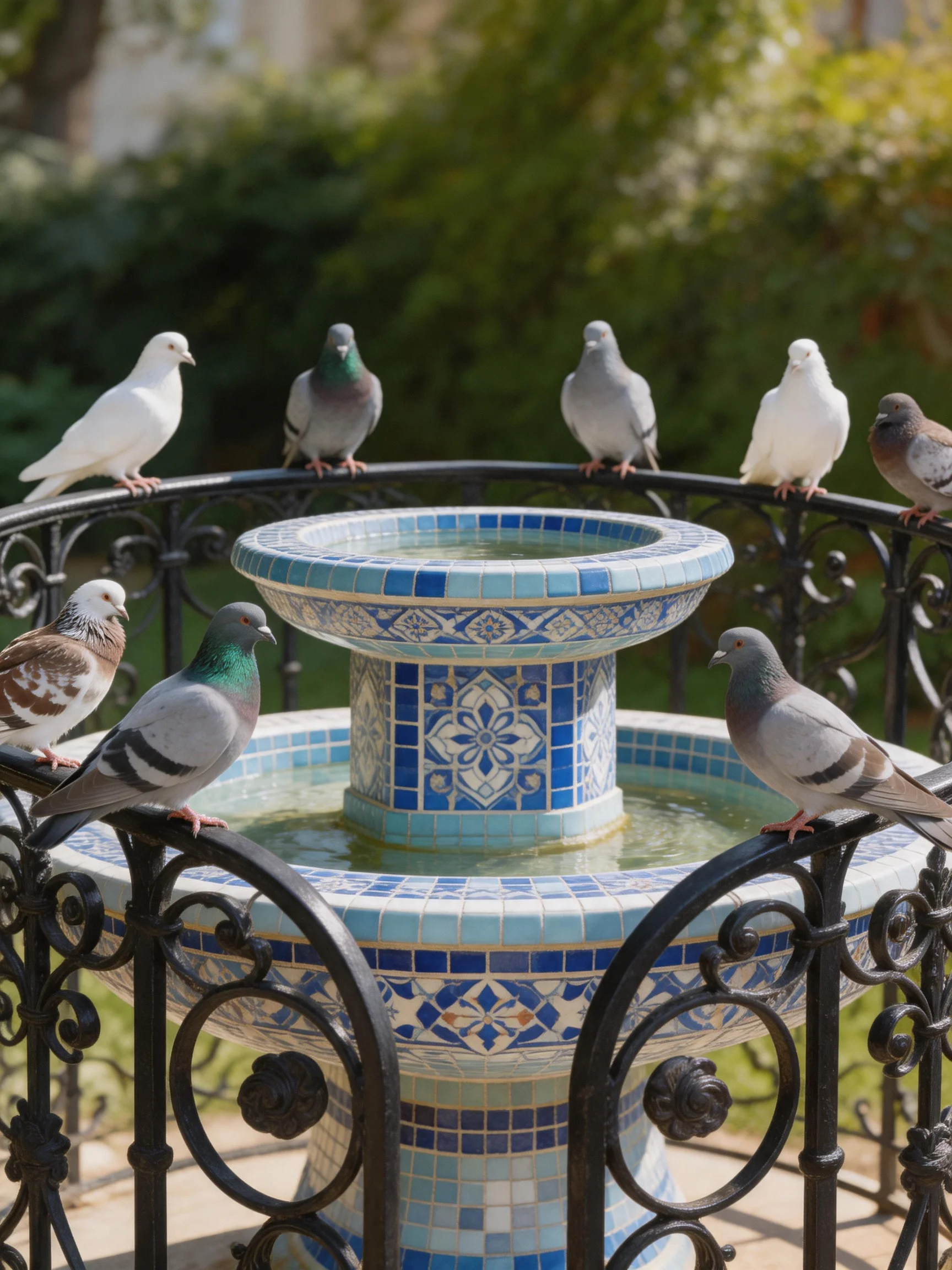 Eight pigeons gather around a blue mosaic fountain with ornate iron railings