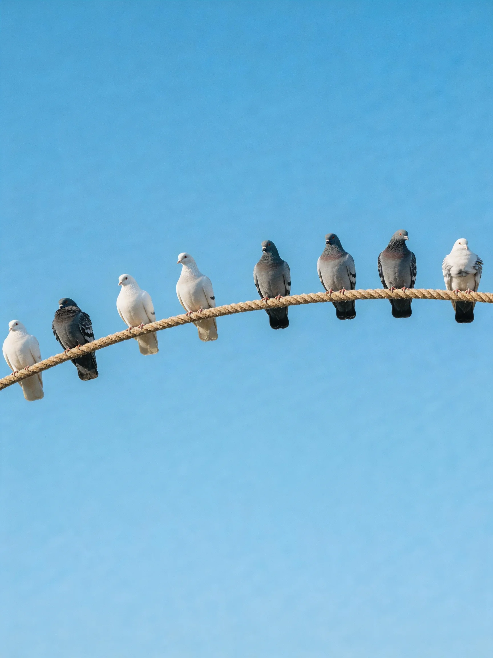 Eight pigeons in varied hues perch on a curved rope under clear blue sky