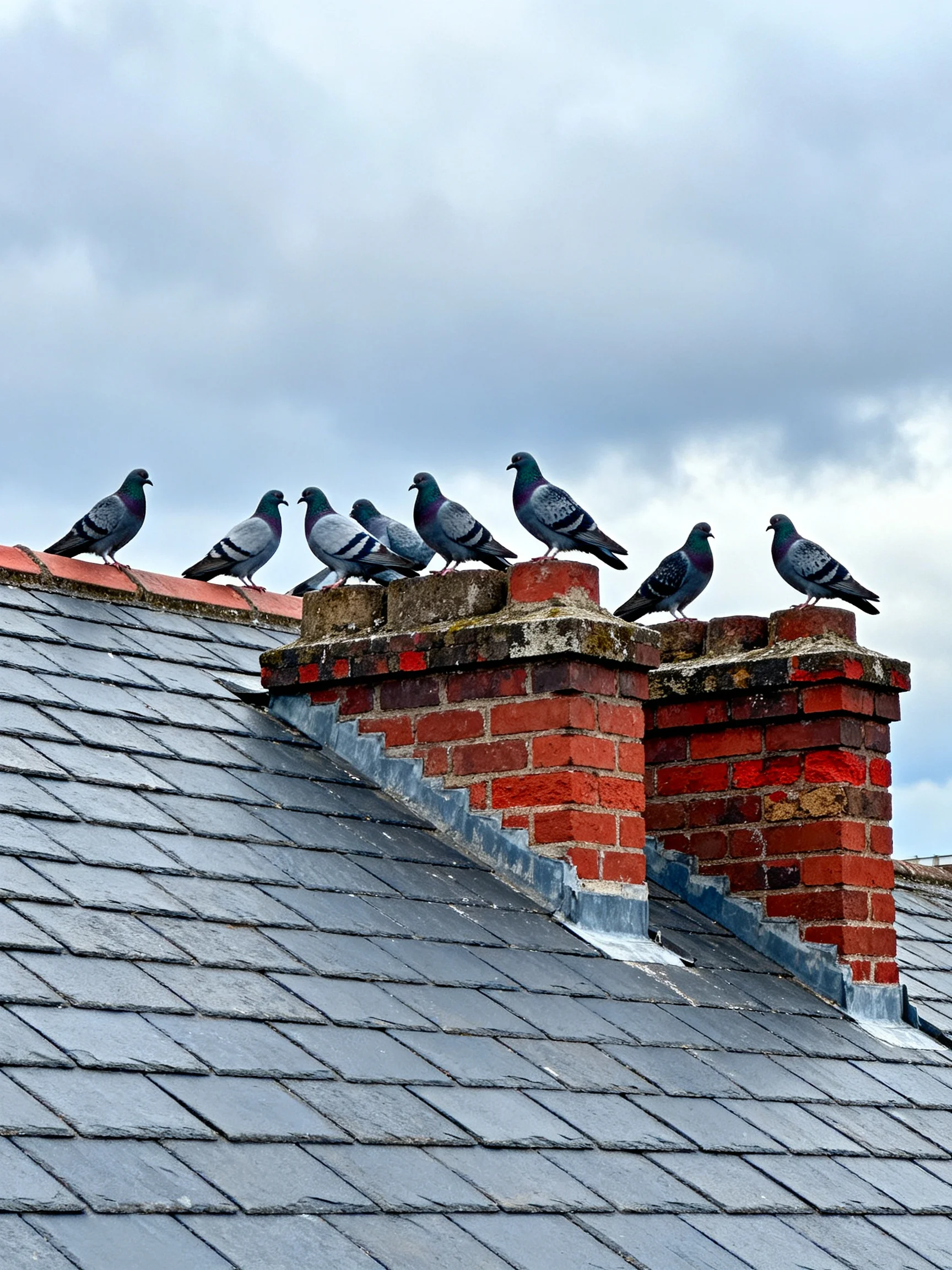 Eight pigeons rest on a slate-tiled roof with red-brick chimneys under cloudy skies