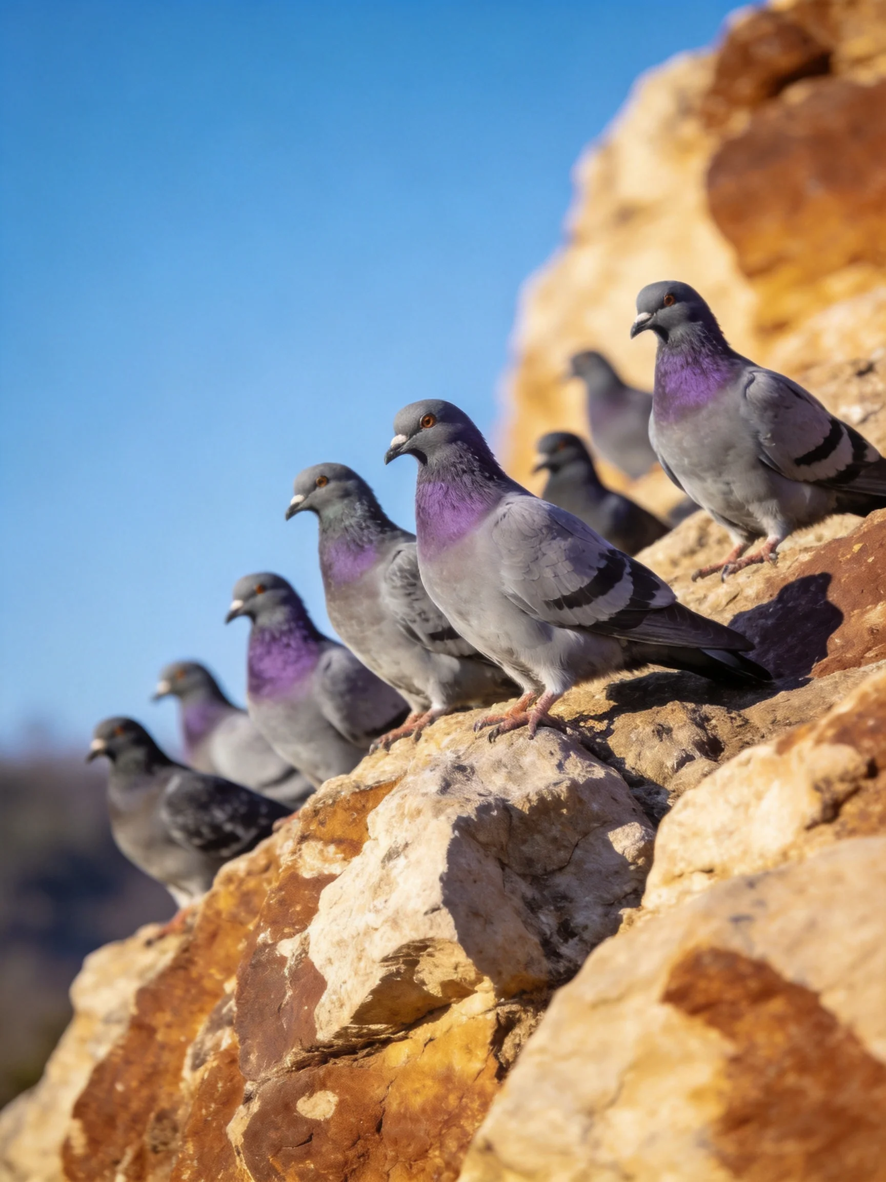 Eight pigeons with purple necks rest on a rugged, sunlit rock formation