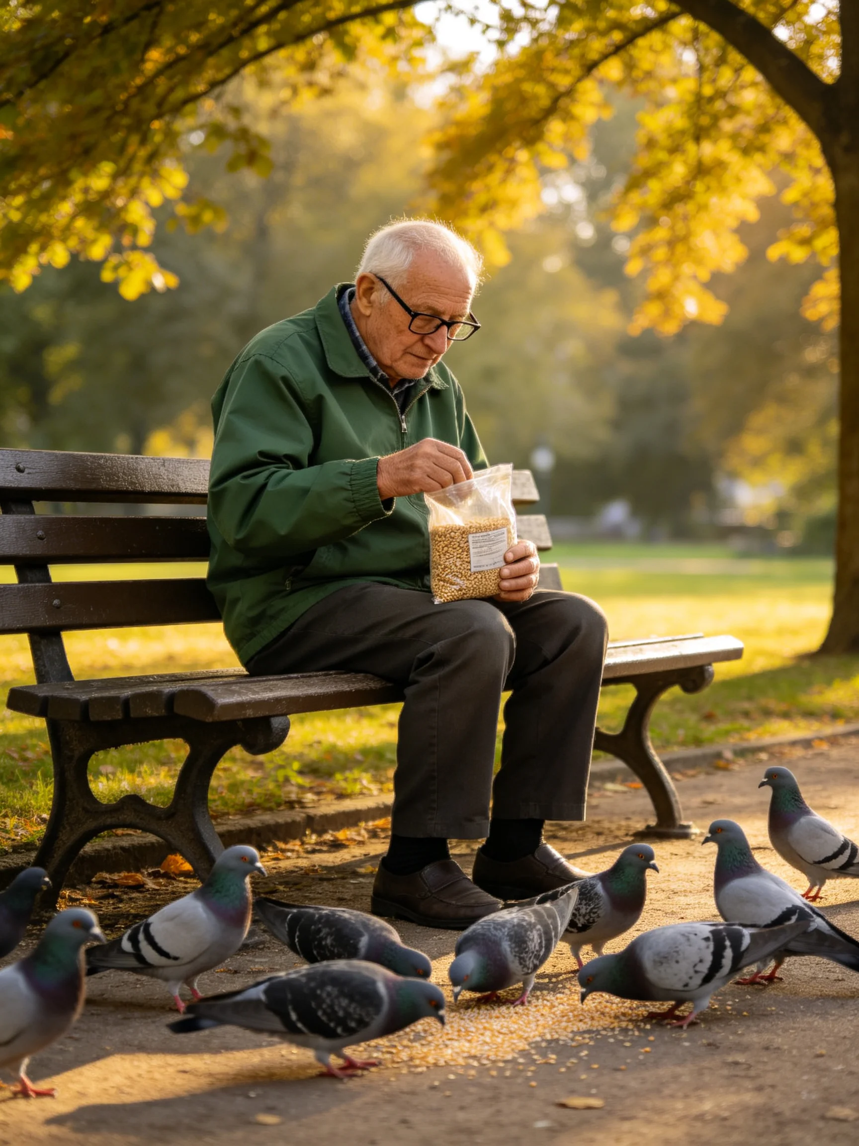 Elderly man in green jacket feeds pigeons by wooden bench
