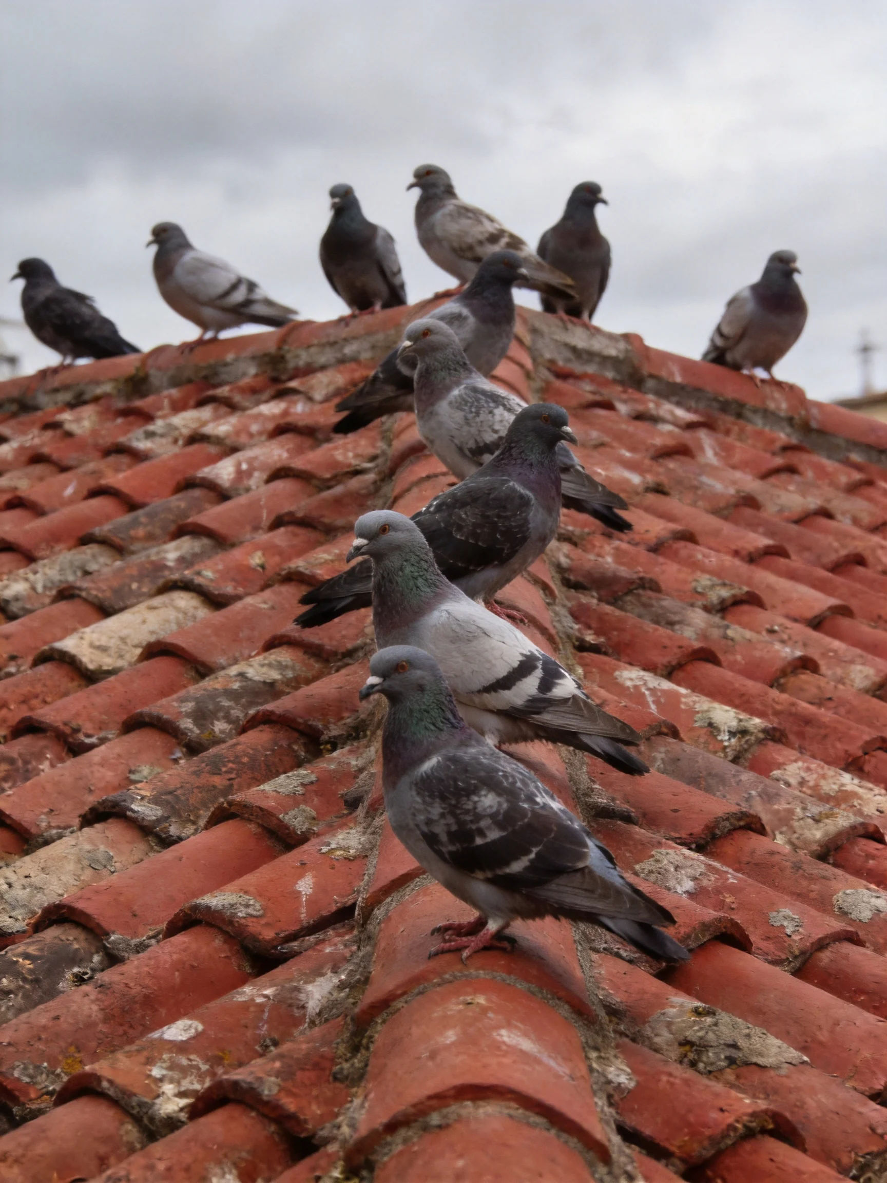 Eleven pigeons gather on a weathered terracotta-tiled roof