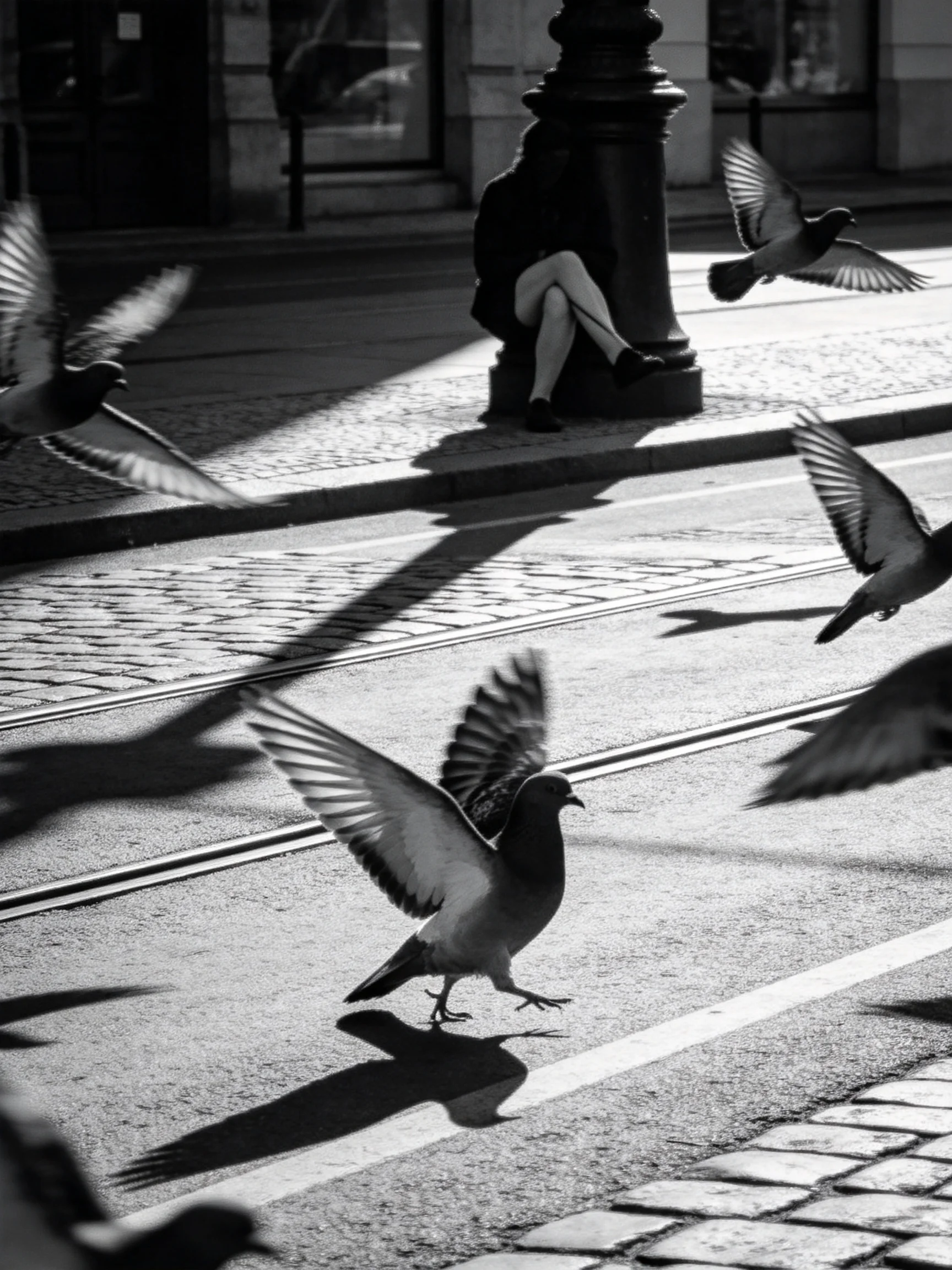 Five Pigeons Soaring Over Cobblestone Street Near Sitting Figure