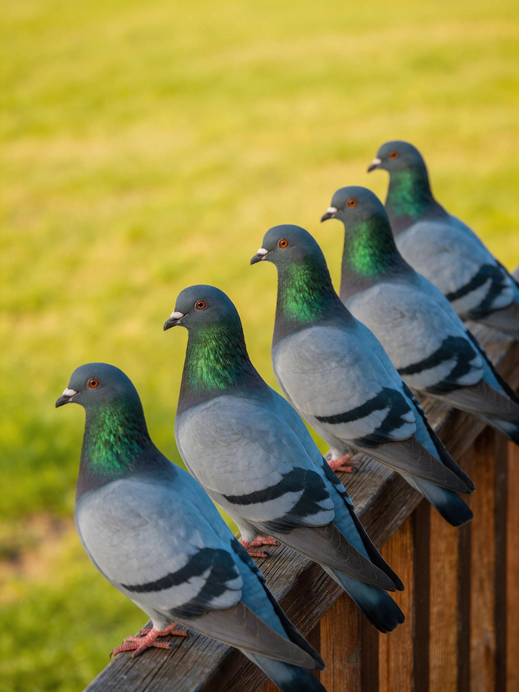 Five gray-green pigeons perch on a wooden fence near a grassy field
