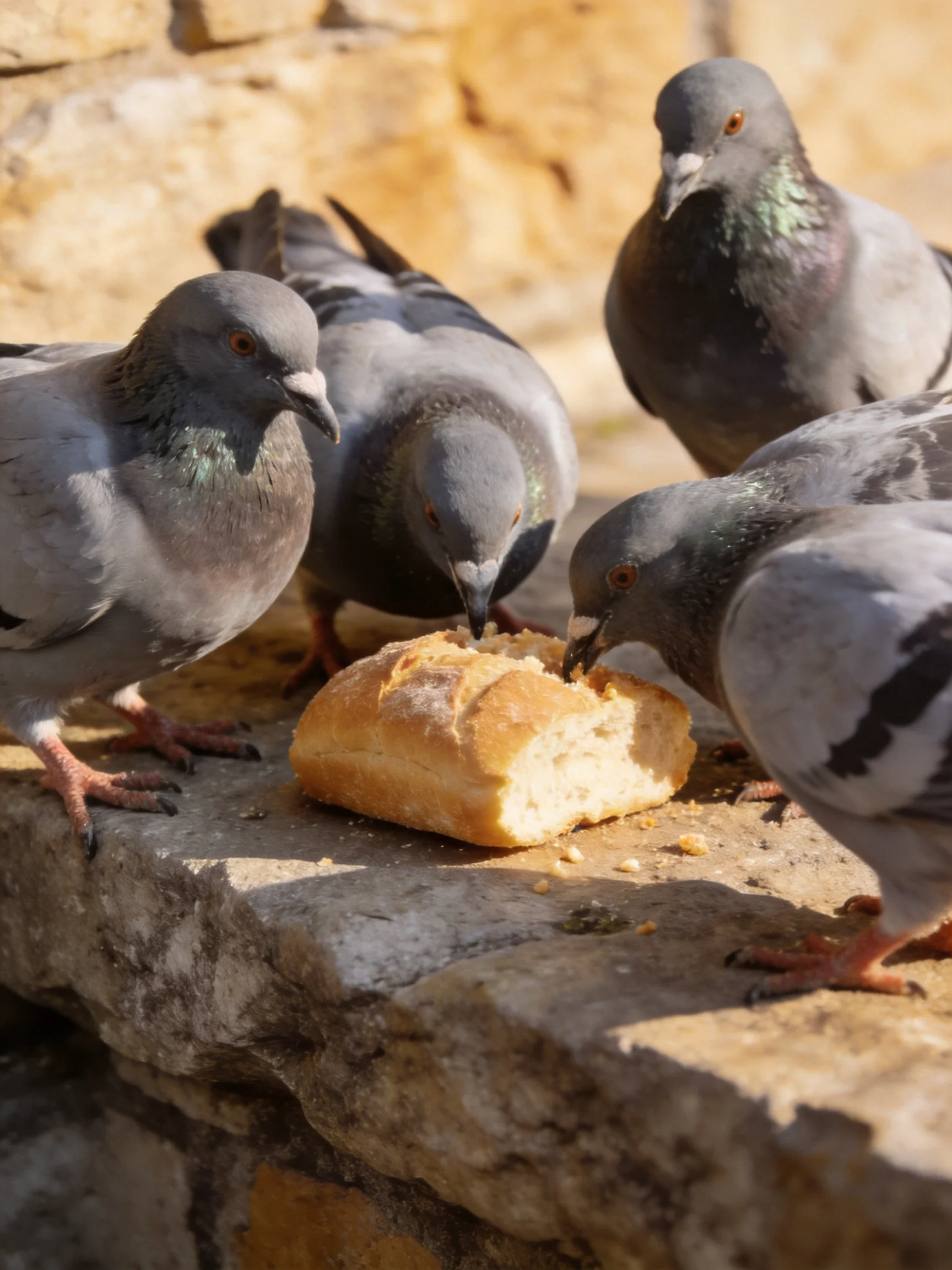 Five gray pigeons gather around a partially eaten bread loaf on a stone ledge