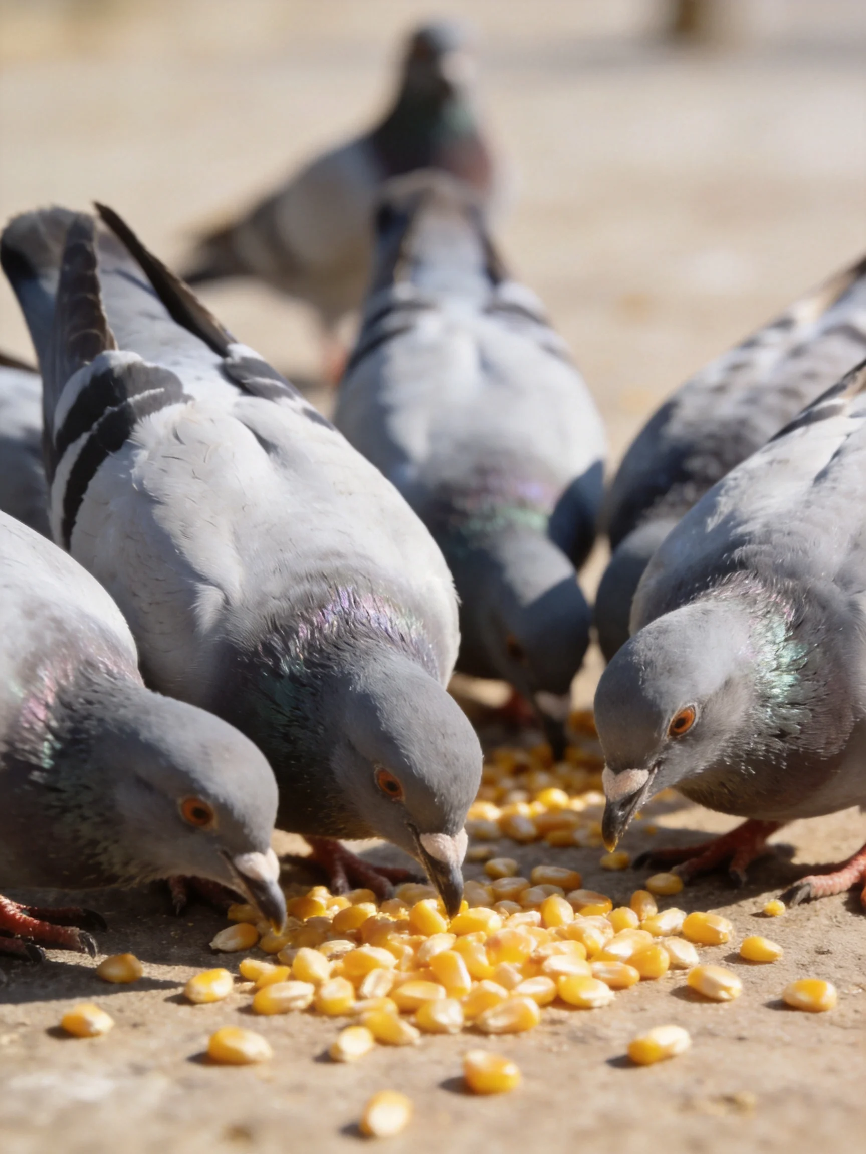 Five gray pigeons pecking at scattered yellow corn seeds